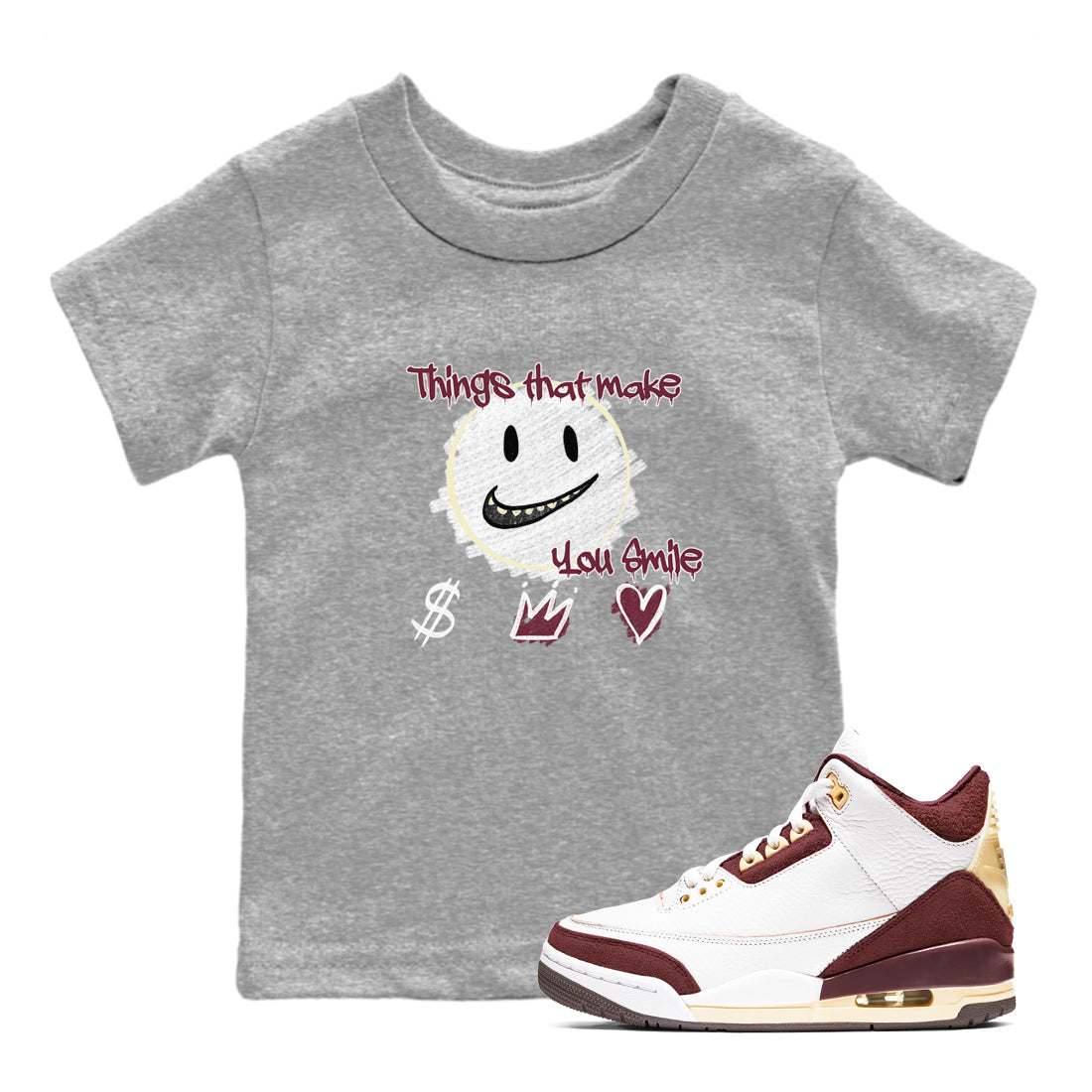 AJ3 A Ma Maniere x Burgundy Crush shirts to match jordans Things That Make You Smile sneaker match tees A Ma Maniére x Air Jordan 3 "Burgundy Crush" Drip Gear Zone streetwear brand Baby and Youth Heather Grey 1 cotton tee