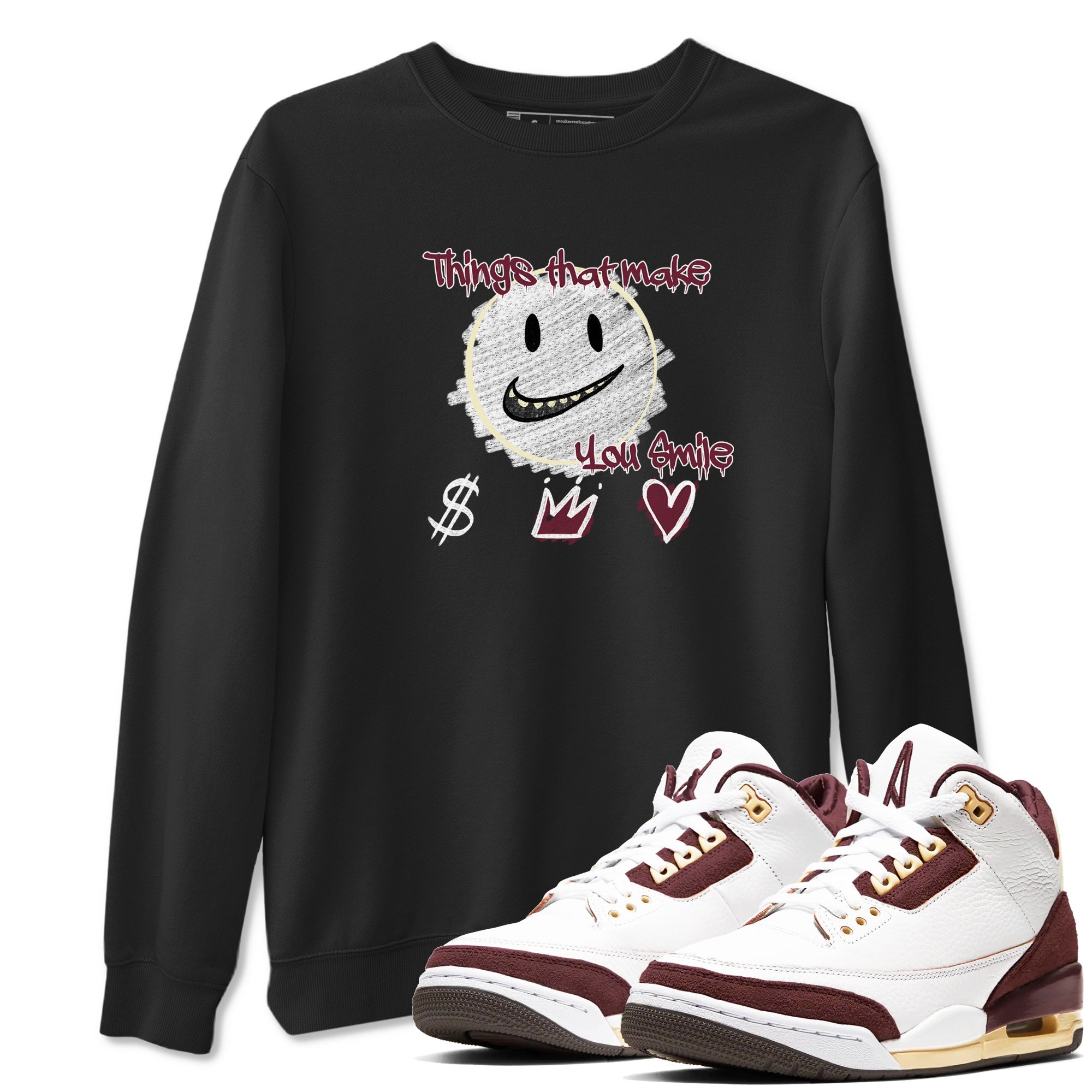AJ3 A Ma Maniere x Burgundy Crush shirts to match jordans Things That Make You Smile sneaker match tees A Ma Maniére x Air Jordan 3 "Burgundy Crush" Drip Gear Zone streetwear brand Black 1 unisex cotton tee