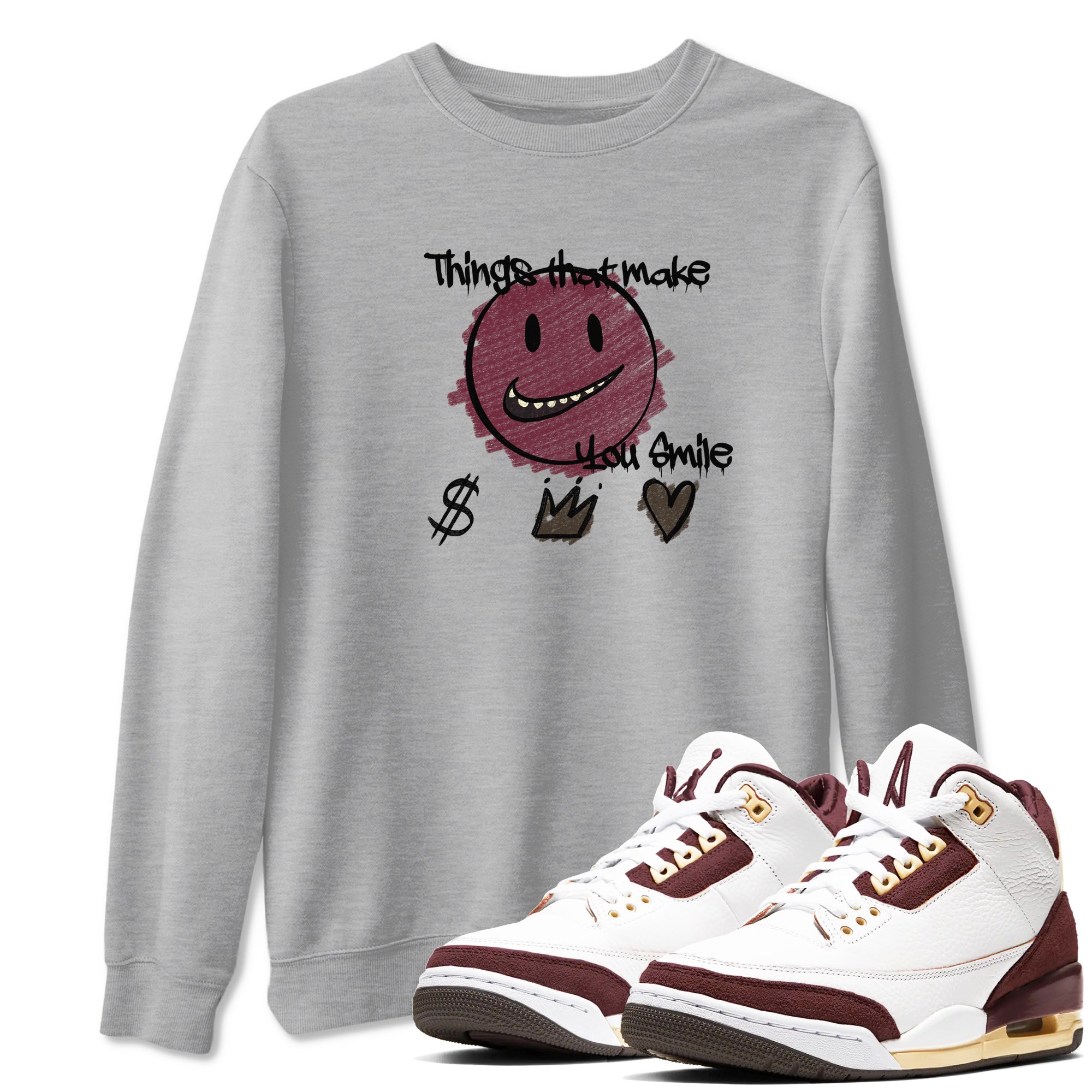 AJ3 A Ma Maniere x Burgundy Crush shirts to match jordans Things That Make You Smile sneaker match tees A Ma Maniére x Air Jordan 3 "Burgundy Crush" Drip Gear Zone streetwear brand Heather Grey 1 unisex cotton tee