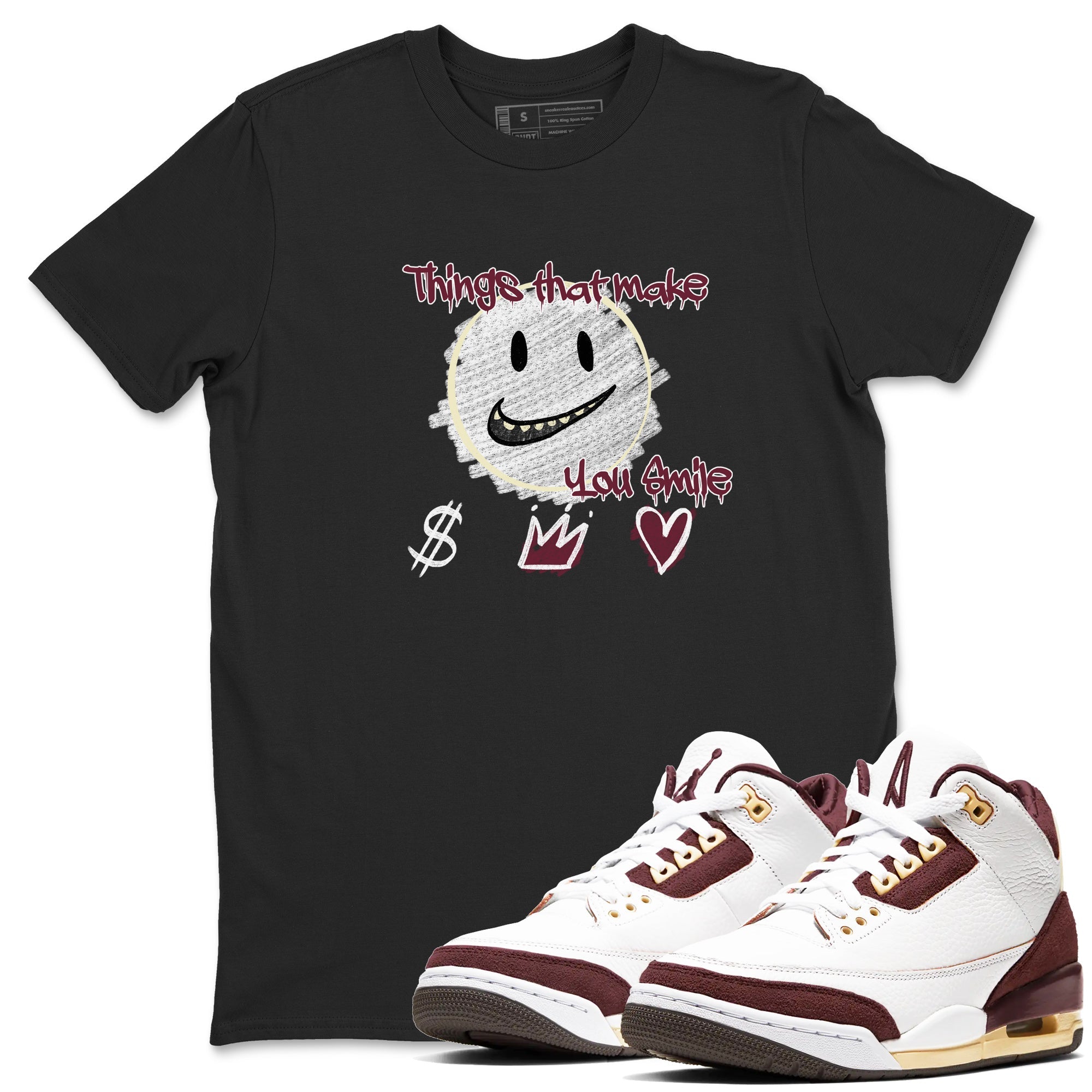 AJ3 A Ma Maniere x Burgundy Crush shirts to match jordans Things That Make You Smile sneaker match tees A Ma Maniére x Air Jordan 3 "Burgundy Crush" Drip Gear Zone streetwear brand Black 1 unisex cotton tee