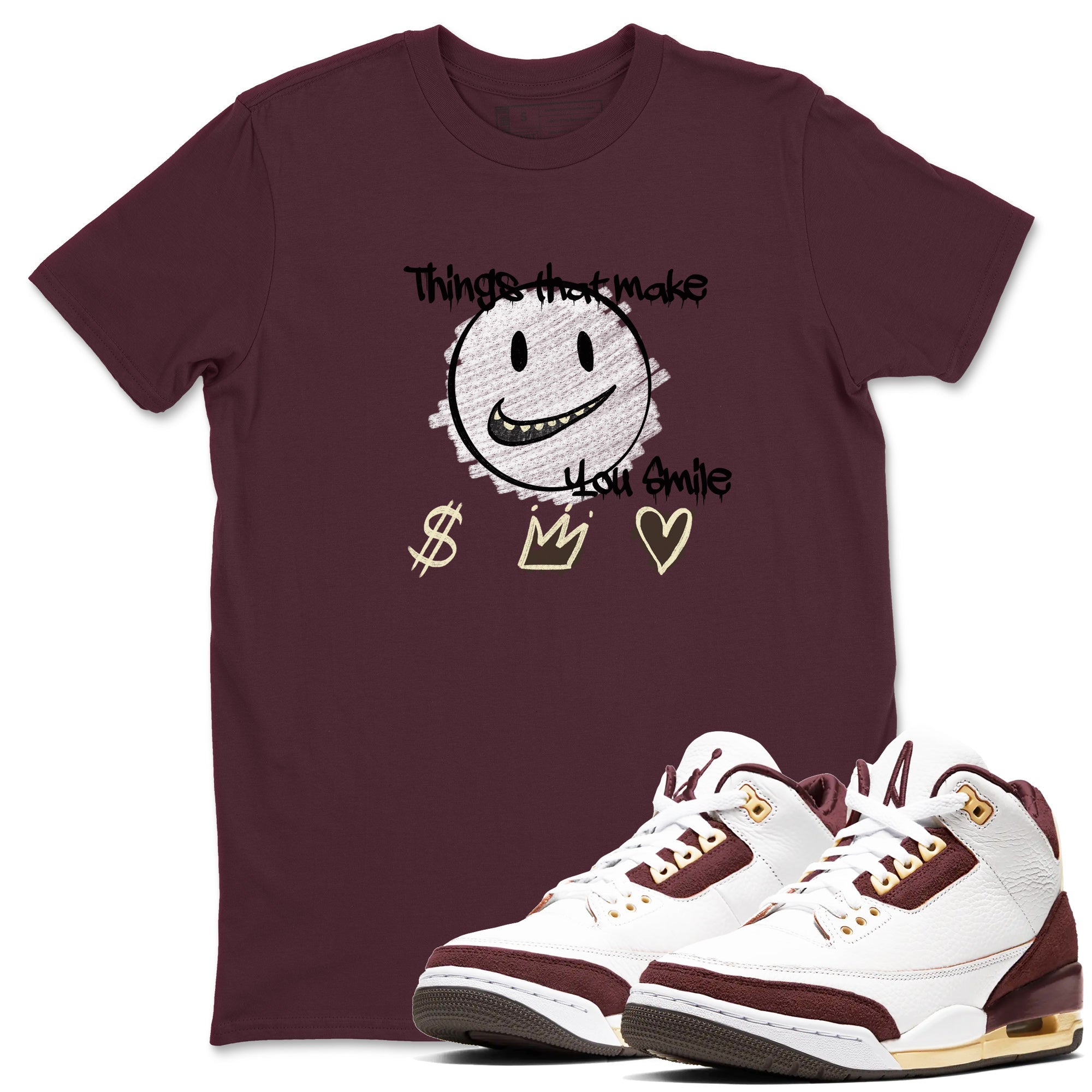 AJ3 A Ma Maniere x Burgundy Crush shirts to match jordans Things That Make You Smile sneaker match tees A Ma Maniére x Air Jordan 3 "Burgundy Crush" Drip Gear Zone streetwear brand Maroon 1 unisex cotton tee