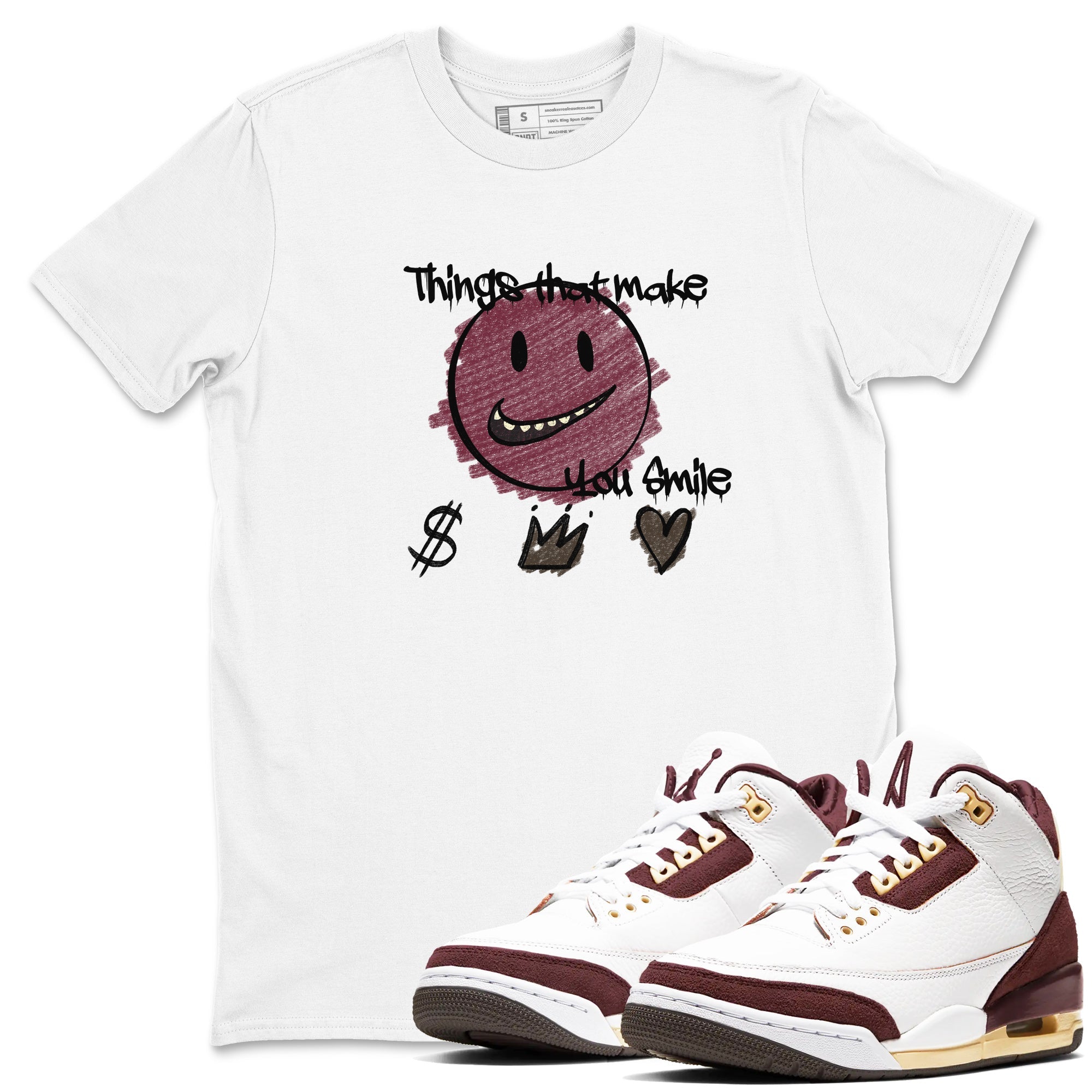 AJ3 A Ma Maniere x Burgundy Crush shirts to match jordans Things That Make You Smile sneaker match tees A Ma Maniére x Air Jordan 3 "Burgundy Crush" Drip Gear Zone streetwear brand White 1 unisex cotton tee