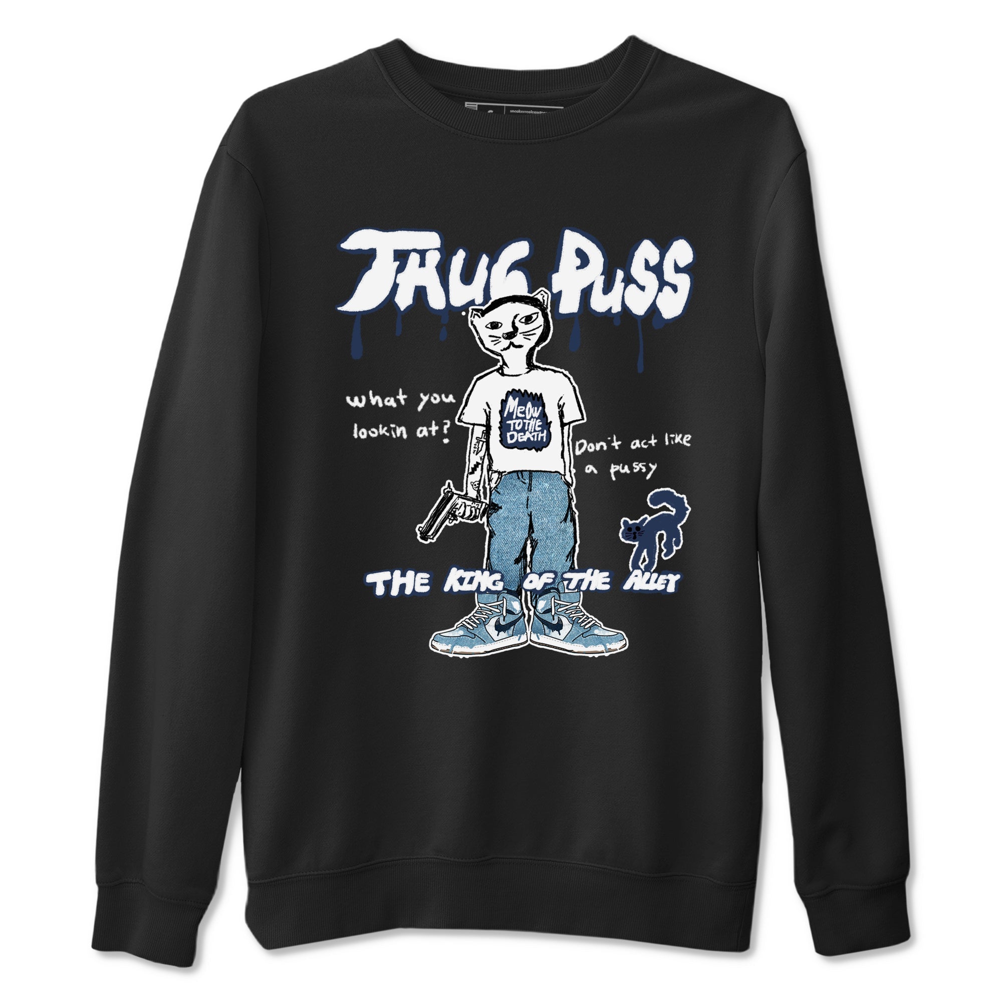 1s Denim shirts to match jordans Thug Puss sneaker match tees Air Jordan 1 Denim Drip Gear Zone streetwear brand Black 2 unisex cotton tee
