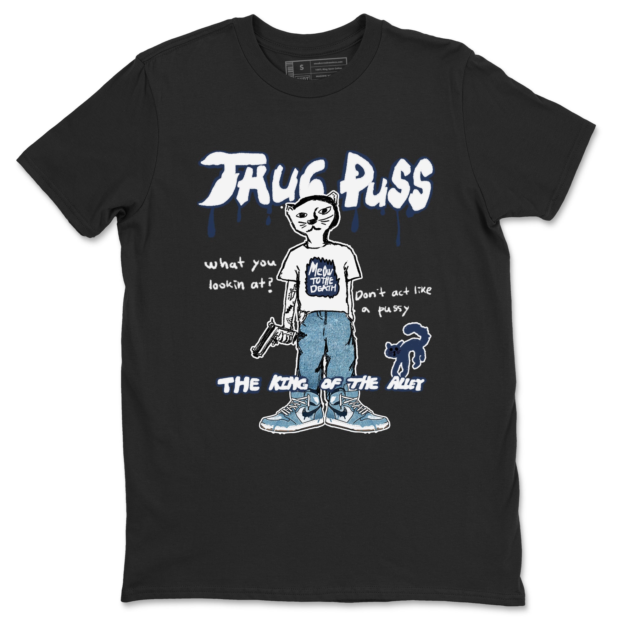 1s Denim shirts to match jordans Thug Puss sneaker match tees Air Jordan 1 Denim Drip Gear Zone streetwear brand Black 2 unisex cotton tee