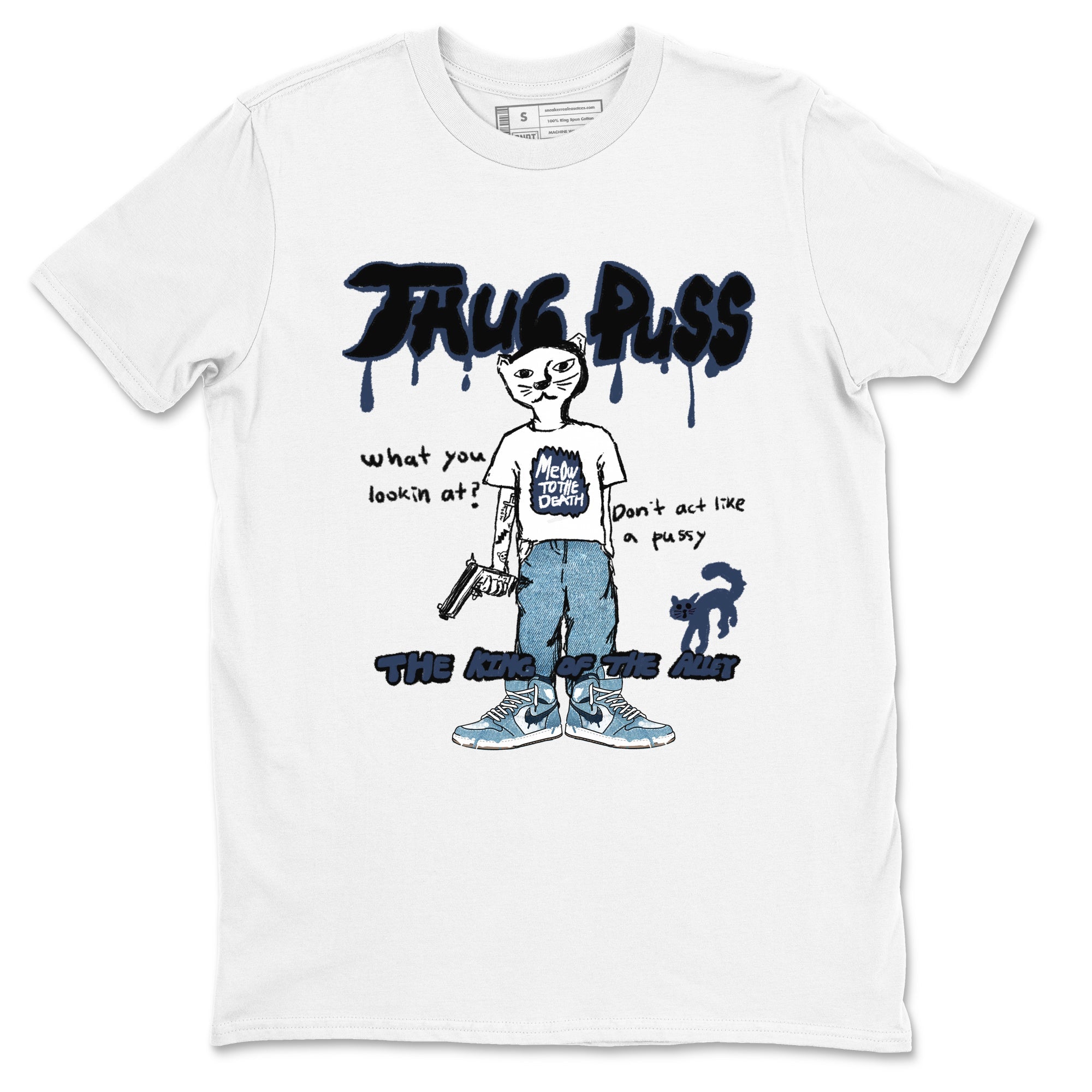 1s Denim shirts to match jordans Thug Puss sneaker match tees Air Jordan 1 Denim Drip Gear Zone streetwear brand White 2 unisex cotton tee