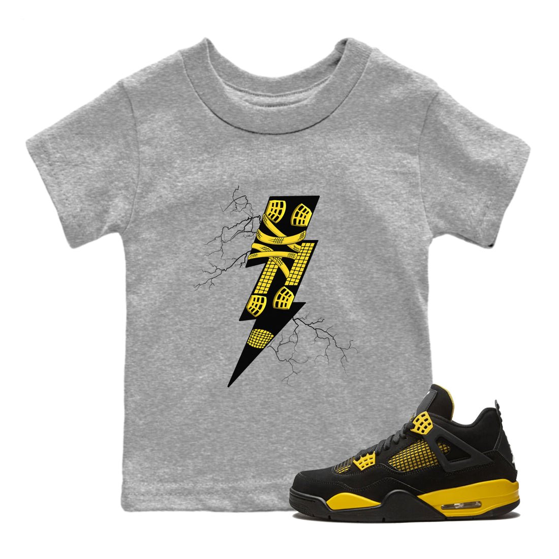 AJ4 Thunder shirts to match jordans Thunder Kick sneaker match tees Air Jordan 4 Thunder Drip Gear Zone streetwear brand Baby and Youth Heather Grey 1 cotton tee