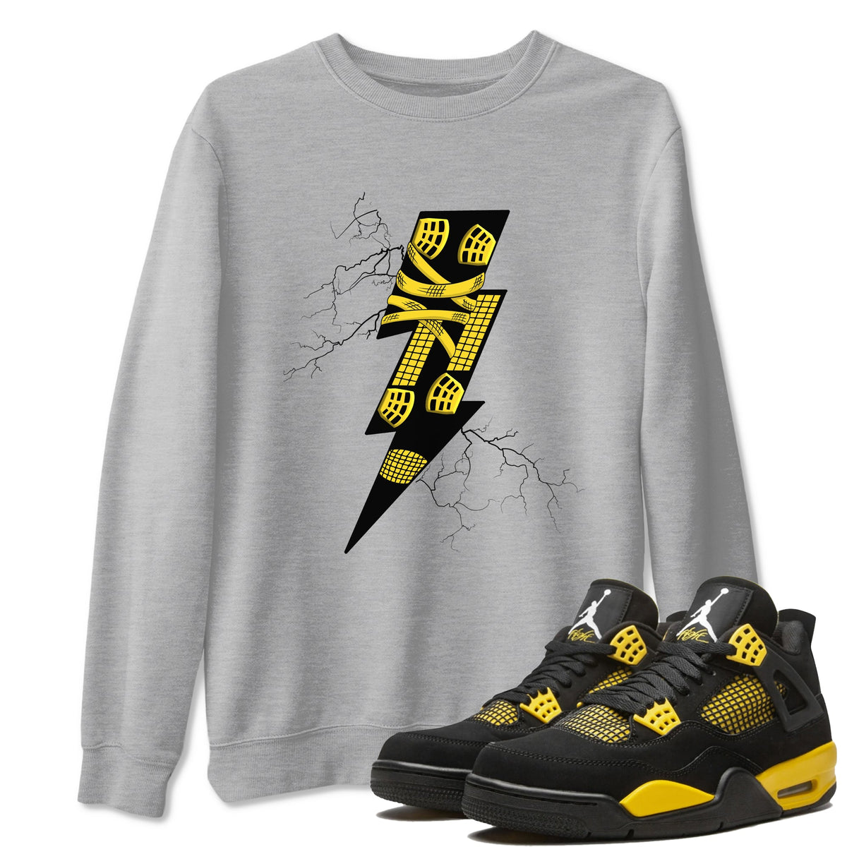 AJ4 Thunder shirts to match jordans Thunder Kick sneaker match tees Air Jordan 4 Thunder Drip Gear Zone streetwear brand Heather Grey 1 unisex cotton tee
