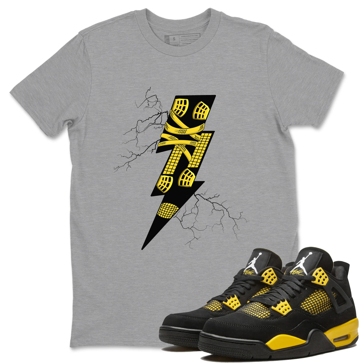 AJ4 Thunder shirts to match jordans Thunder Kick sneaker match tees Air Jordan 4 Thunder Drip Gear Zone streetwear brand Heather Grey 1 unisex cotton tee