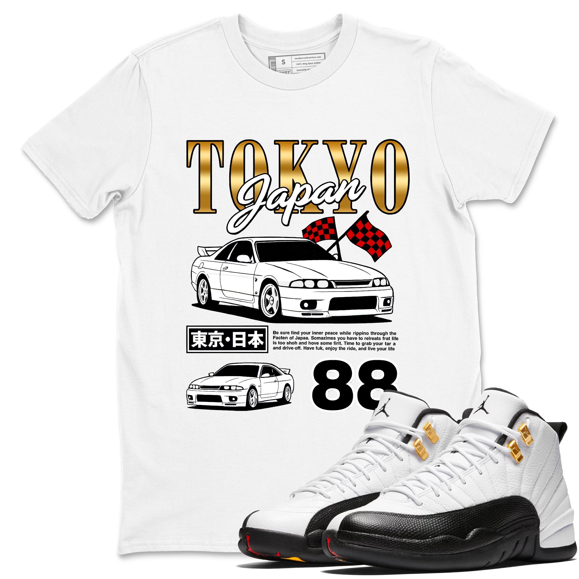 Sneaker Threads  Sneaker Tees To Match Air Jordan 12 Taxi  Tokyo Drift Mode Graphic Tee White 1. Perfect for Jordan releases 2025 colorways.