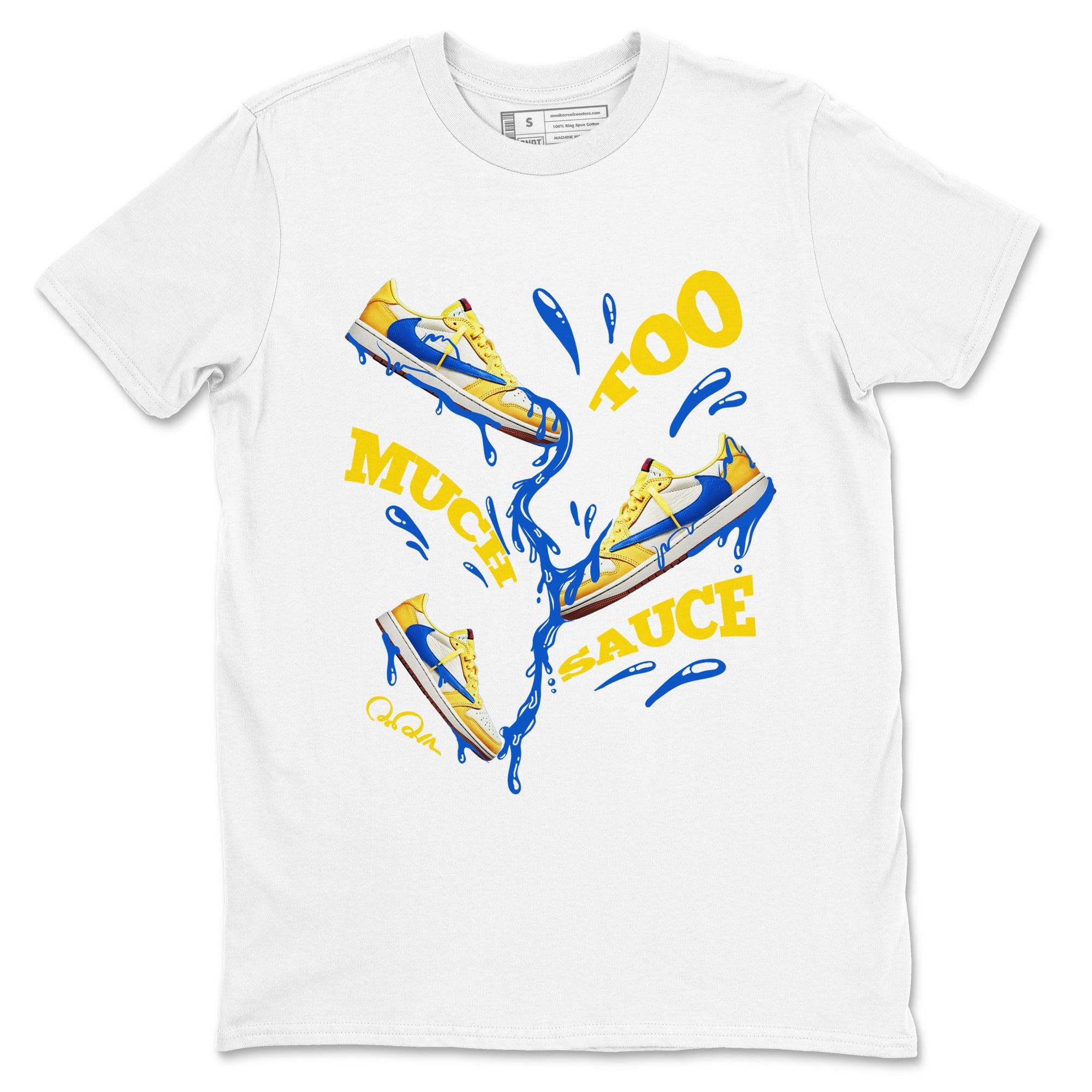 1s Travis Scott Canary shirt to match jordans Too Much Sauce sneaker tees Air Jordan 1 Travis Scott Canary Drip Gear Zone unisex cotton White 2 crew neck shirt