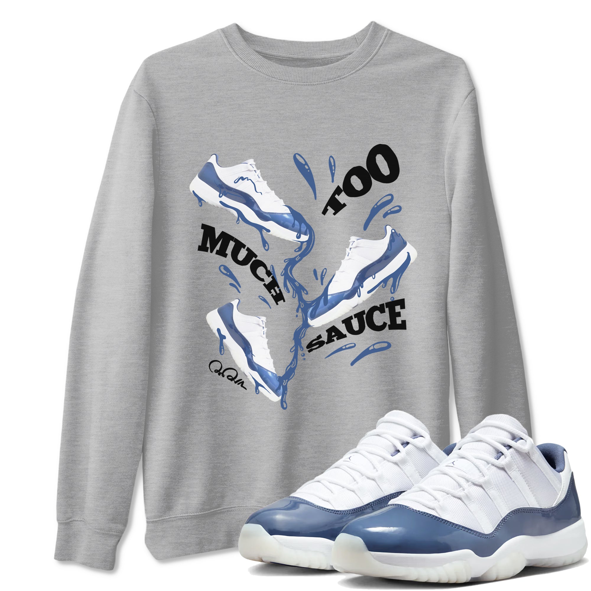 11s Diffused Blue Shirts To Match Jordans Too Much Sauce sneaker match tees Air Jordan 11 Diffused Blue Tee Drip Gear Zone unisex cotton Heather Grey 1 crew neck shirts