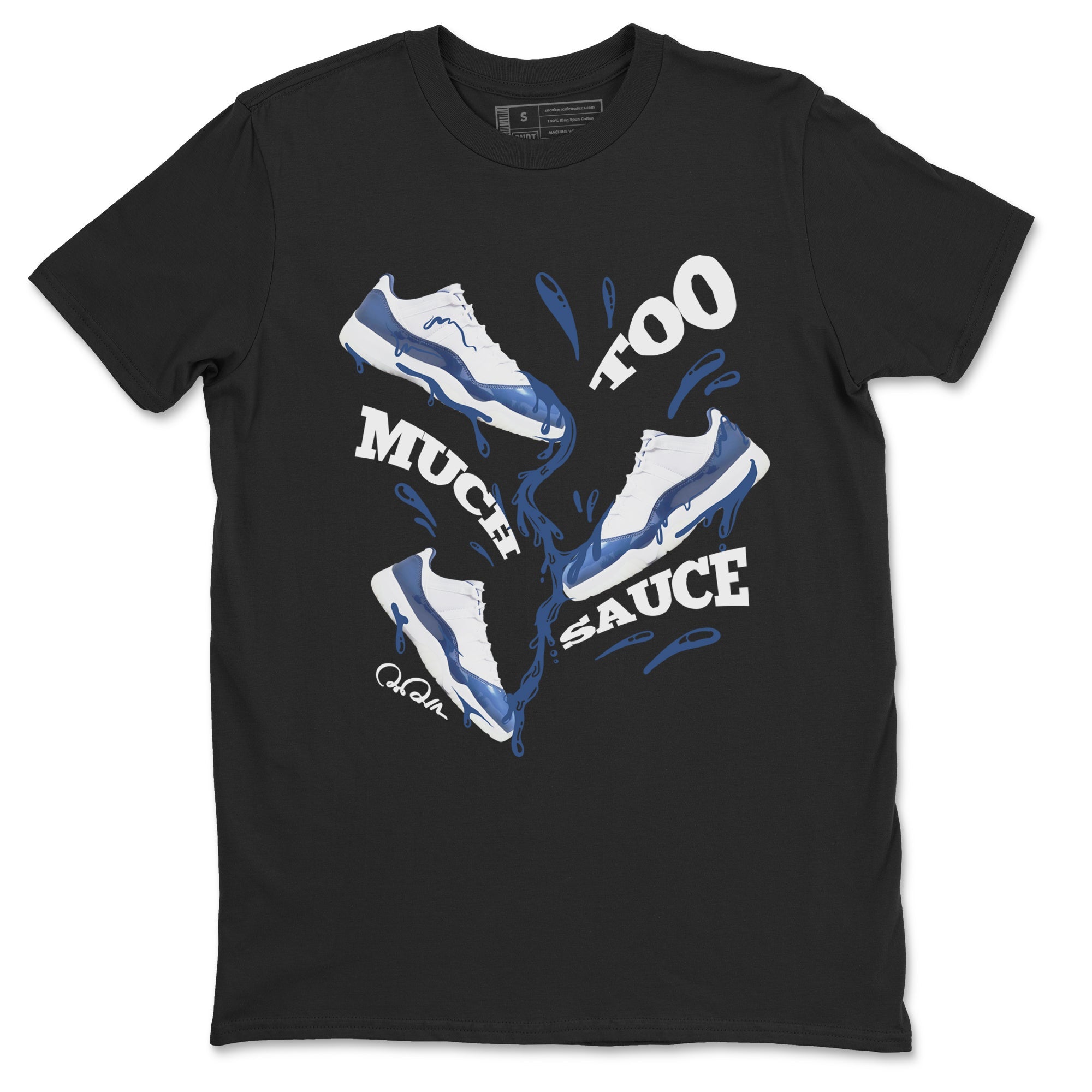 11s Diffused Blue Shirts To Match Jordans Too Much Sauce sneaker match tees Air Jordan 11 Diffused Blue Tee Drip Gear Zone unisex cotton Black 2 crew neck shirts