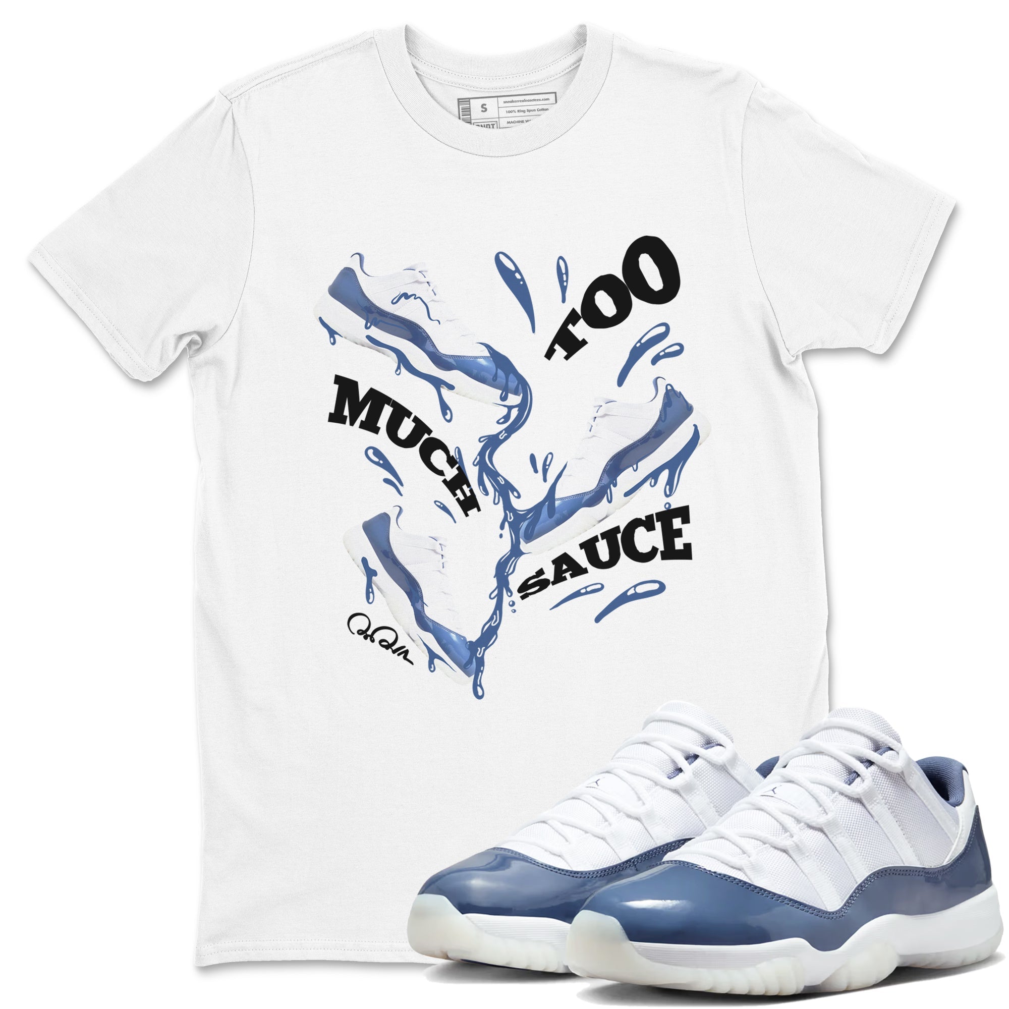 11s Diffused Blue Shirts To Match Jordans Too Much Sauce sneaker match tees Air Jordan 11 Diffused Blue Tee Drip Gear Zone unisex cotton White 1 crew neck shirts