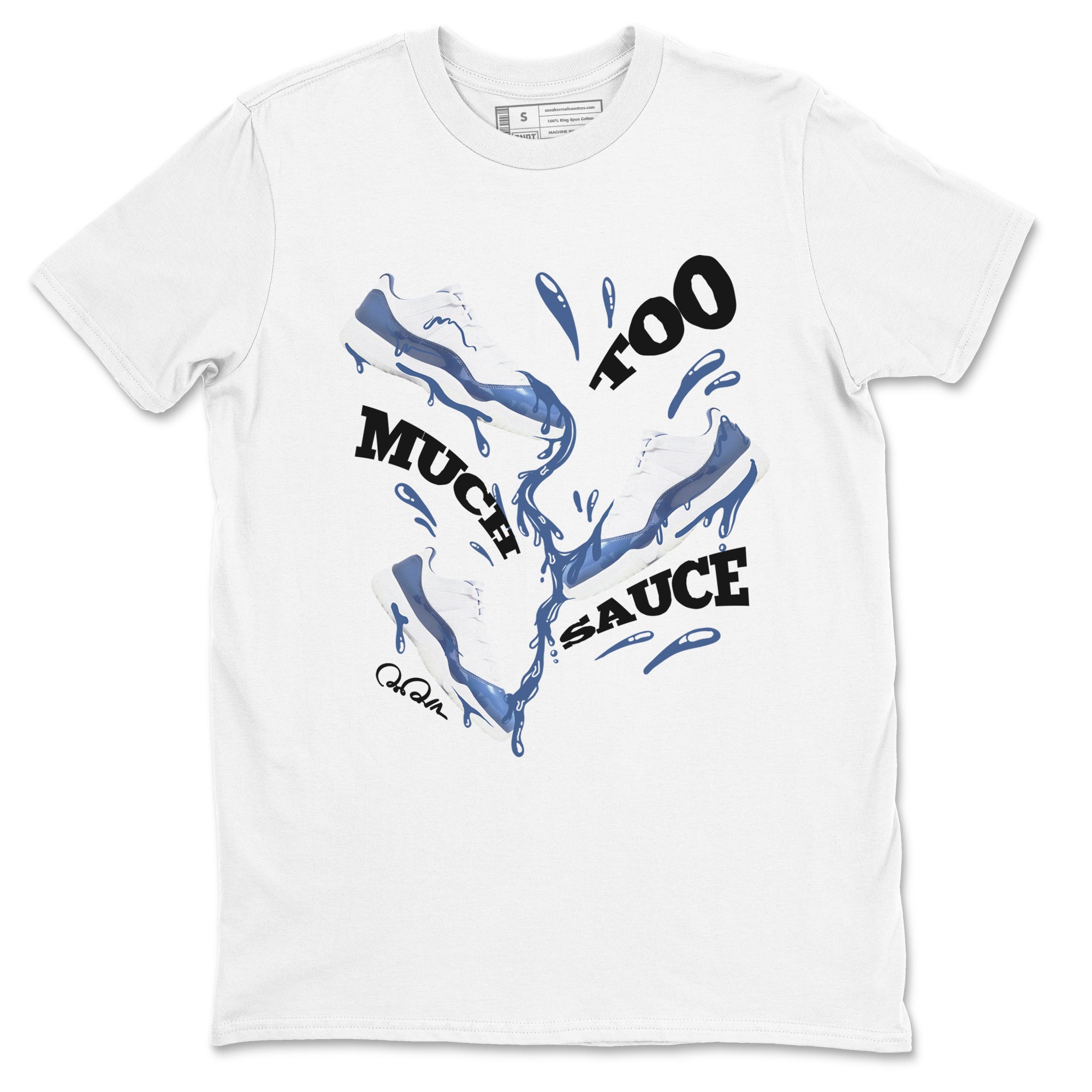 11s Diffused Blue Shirts To Match Jordans Too Much Sauce sneaker match tees Air Jordan 11 Diffused Blue Tee Drip Gear Zone unisex cotton White 2 crew neck shirts