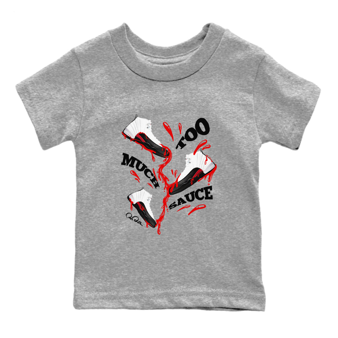 12s Taxi Flip shirts to match jordans Too Much Sauce sneaker match tees Air Jordan 12 Taxi Flip Drip Gear Zone streetwear brand Baby and Youth Heather Grey 2 cotton tee