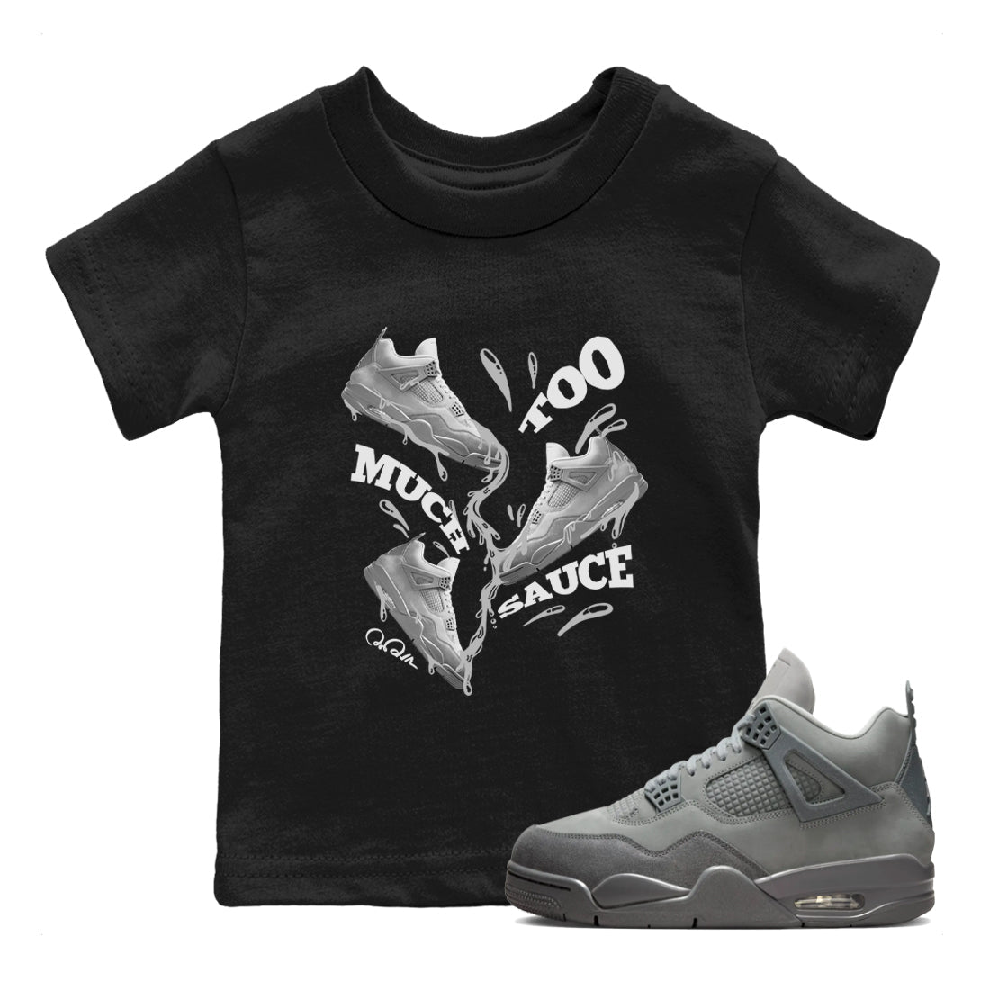 4s Wet Cement shirts to match jordans Too Much Sauce sneaker match tees Air Jordan 4 SE Wet Cement Drip Gear Zone Youth Baby Black 1 crew neck shirts