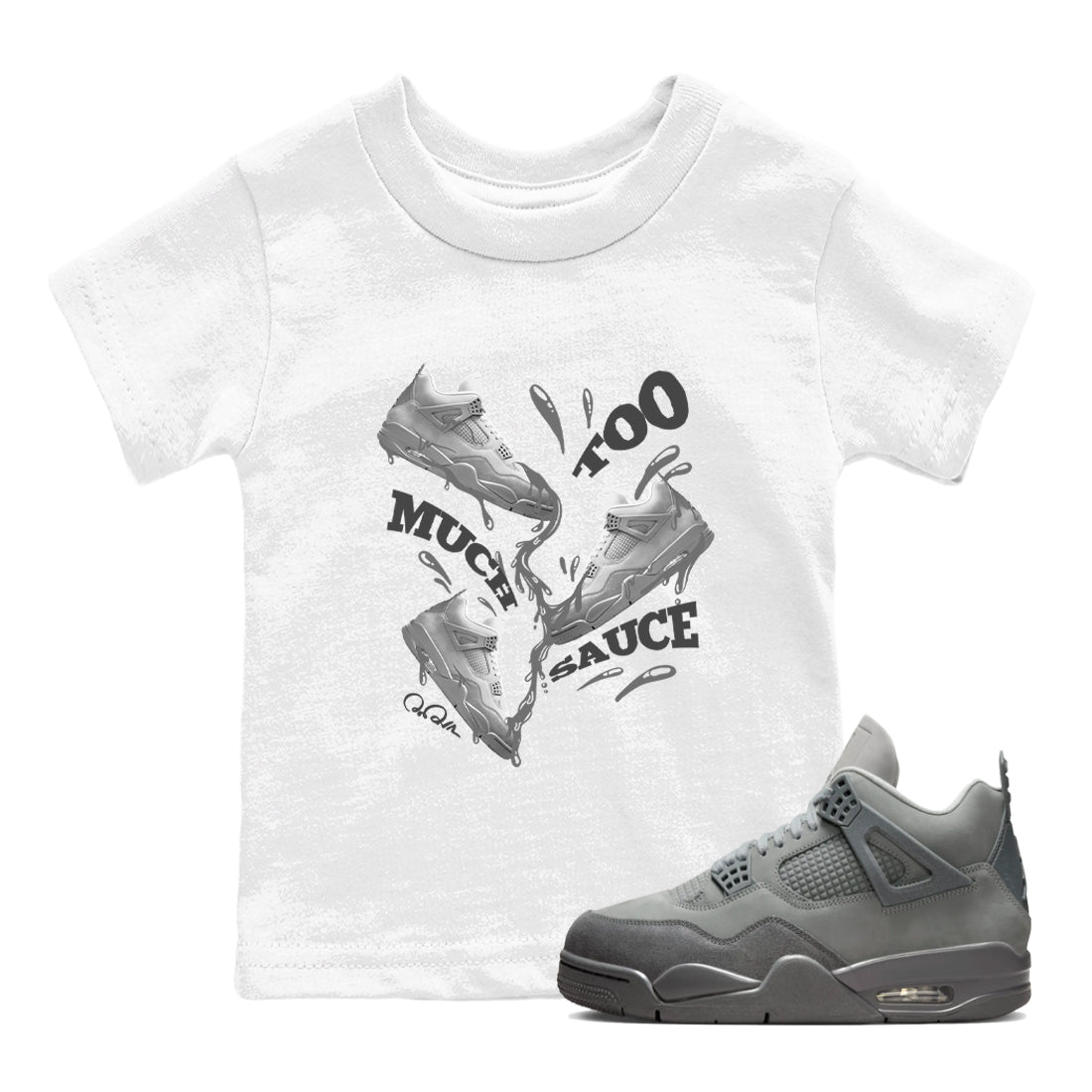4s Wet Cement shirts to match jordans Too Much Sauce sneaker match tees Air Jordan 4 SE Wet Cement Drip Gear Zone Youth Baby White 1 crew neck shirts
