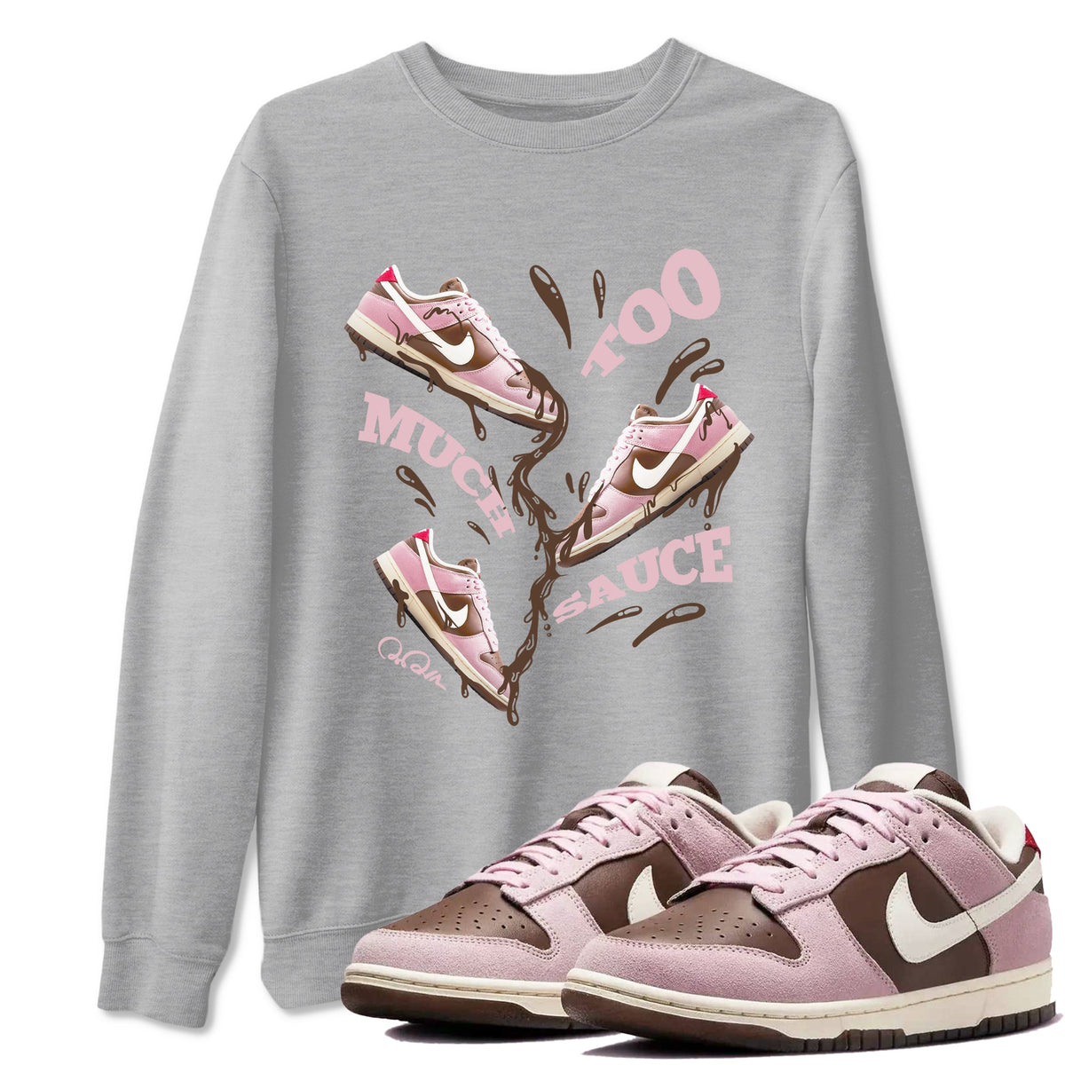 Dunk Cacao Wow And Pink Foam shirts to match jordans Too Much Sauce sneaker match tees Dunk Cacao Wow And Pink Foam Drip Gear Zone streetwear brand Heather Grey 1 unisex cotton tee