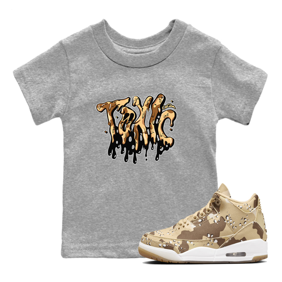 AJ3 Desert Camo shirts to match jordans Toxic sneaker match tees Air Jordan 3 Desert Camo Drip Gear Zone streetwear brand Baby and Youth Heather Grey 1 cotton tee