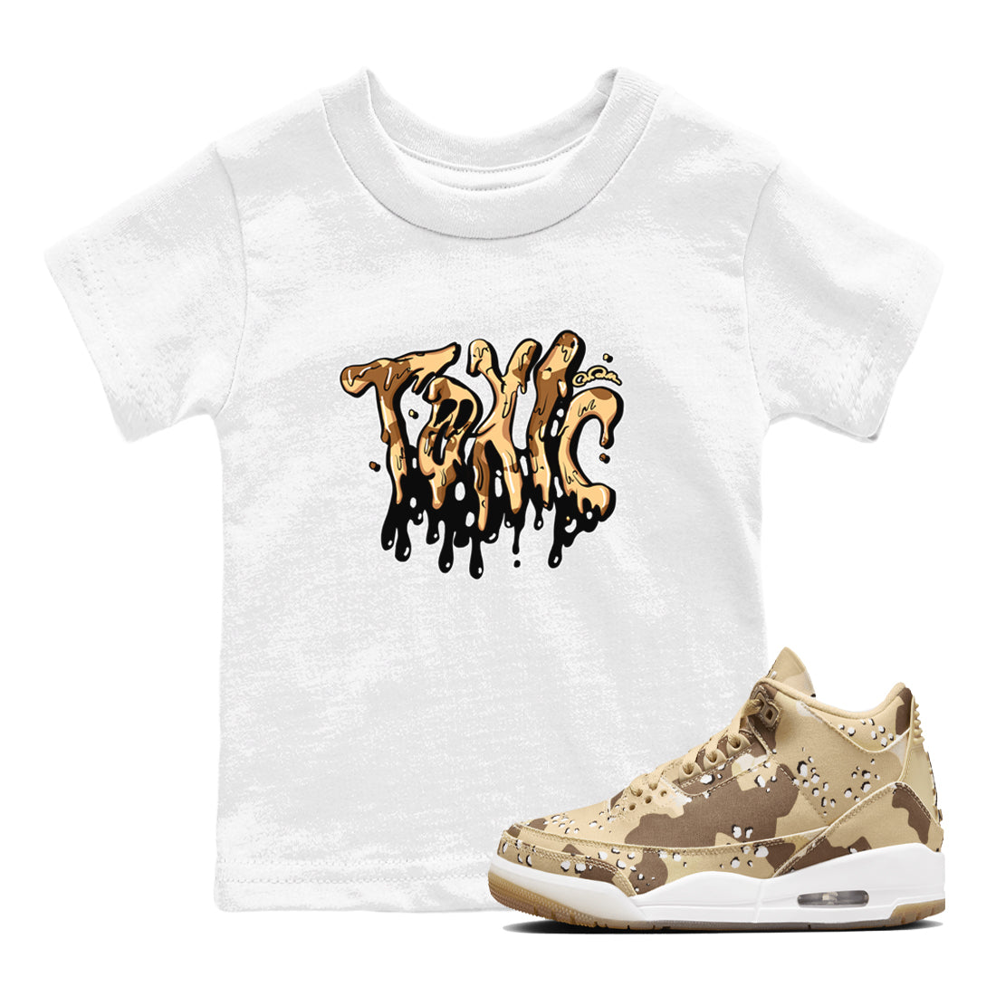 AJ3 Desert Camo shirts to match jordans Toxic sneaker match tees Air Jordan 3 Desert Camo Drip Gear Zone streetwear brand Baby and Youth White 1 cotton tee