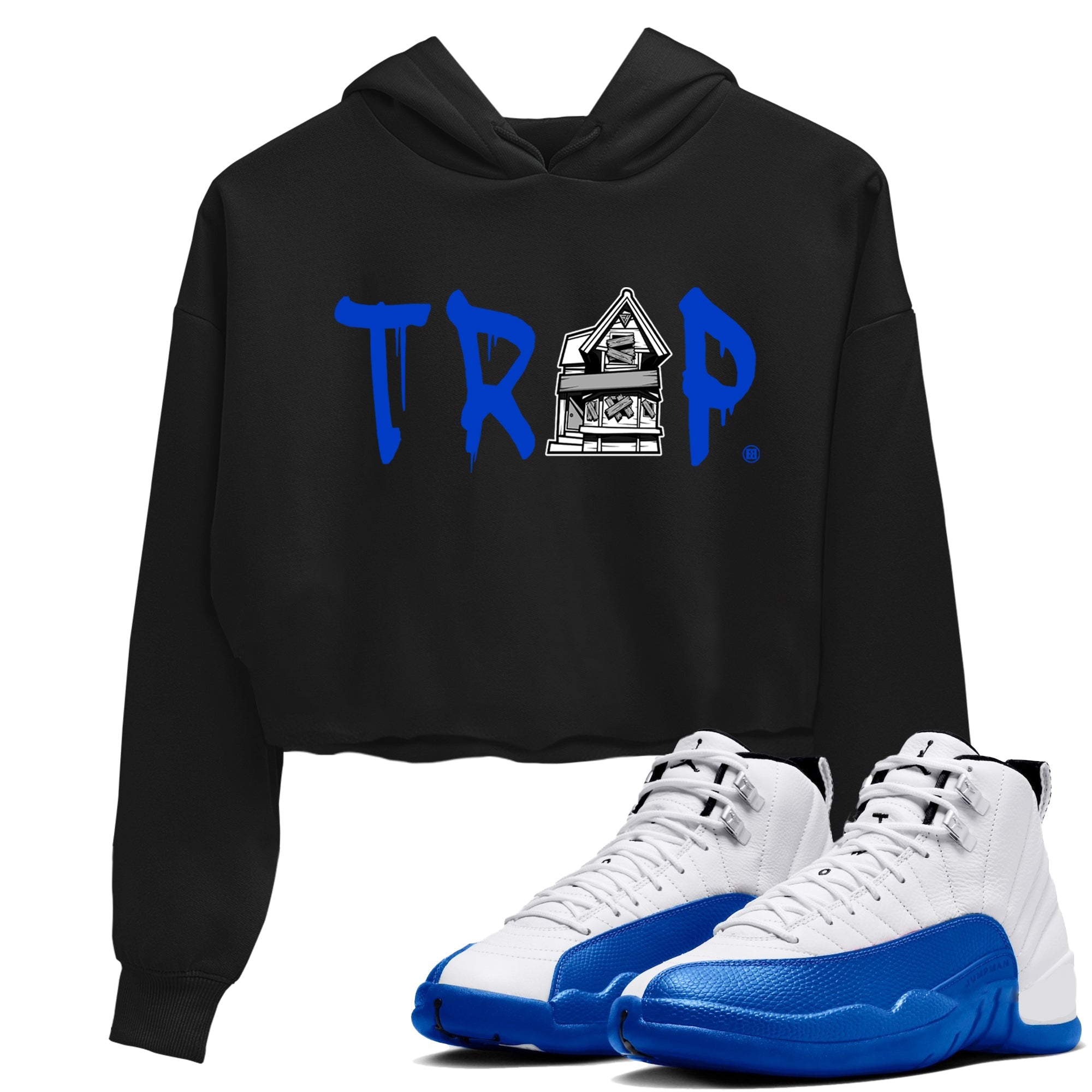 12s Blueberry shirts to match jordans Trap House sneaker match tees Air Jordan 12 Retro Blueberry match shoes to clothes Drip Gear Zone unisex cotton Black 1 crop tee