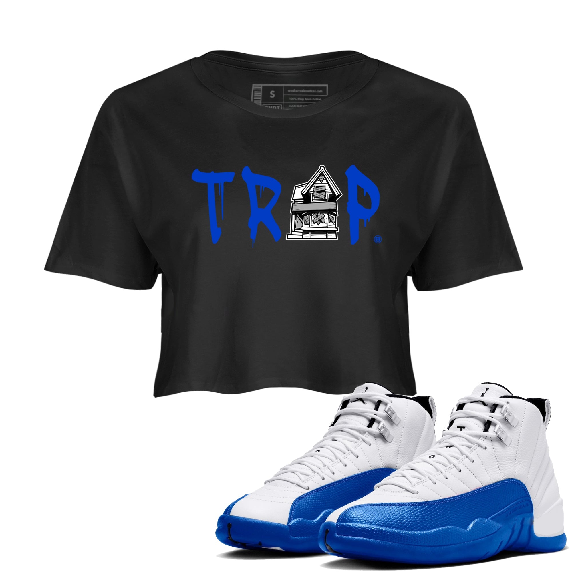 12s Blueberry shirts to match jordans Trap House sneaker match tees Air Jordan 12 Retro Blueberry match shoes to clothes Drip Gear Zone unisex cotton Black 1 crop tee