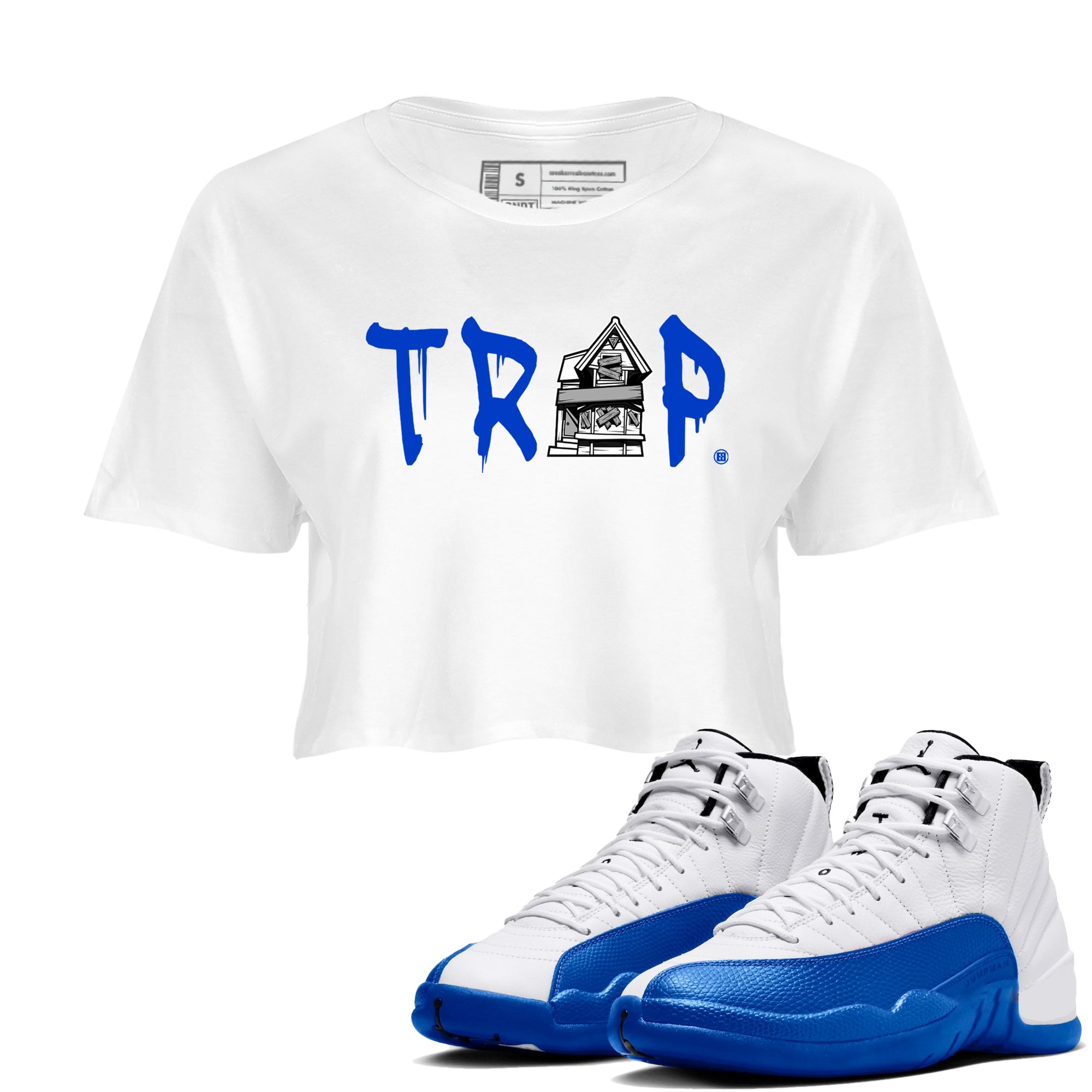 12s Blueberry shirts to match jordans Trap House sneaker match tees Air Jordan 12 Retro Blueberry match shoes to clothes Drip Gear Zone unisex cotton White 1 crop tee
