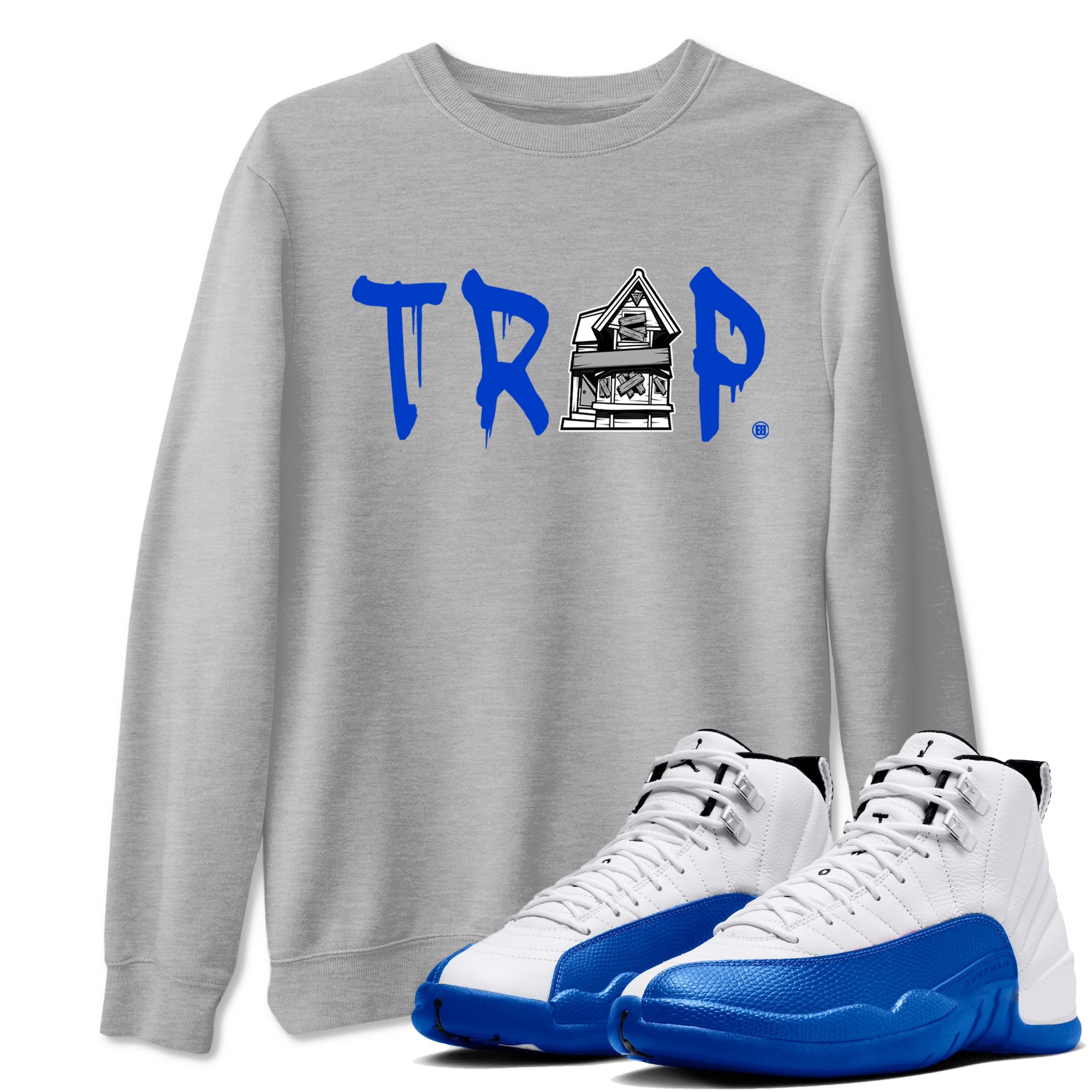 12s Blueberry shirts to match jordans Trap House sneaker match tees Air Jordan 12 Retro Blueberry match shoes to clothes Drip Gear Zone unisex cotton Heather Grey 1 shirts