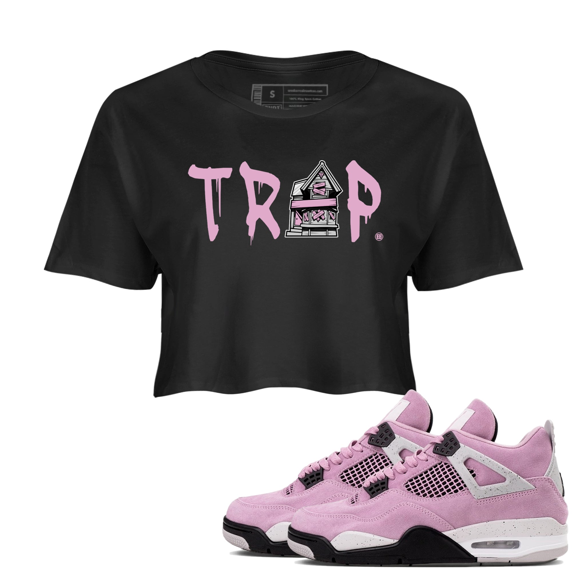 4s Retro Orchid shirts to match jordans Trap House sneaker match tees Air Jordan 4 WMNS Orchid match shoes to clothes Drip Gear Zone unisex cotton Black 1 crop tee