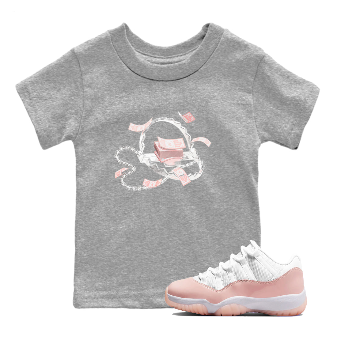 11s Legend Pink shirts to match jordans Trap Money sneaker match tees Air Jordan 11 Legend Pink Drip Gear Zone streetwear brand Baby and Youth Heather Grey 1 cotton tee