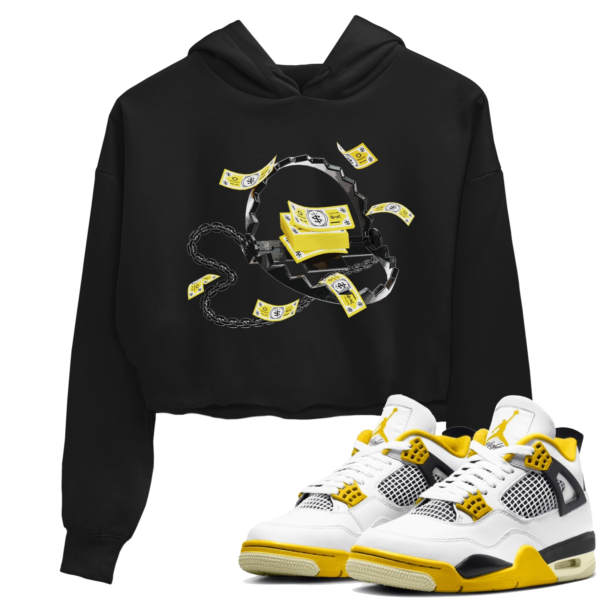 AJ4 Vivid Sulfur shirt to match jordans Trap Money sneaker tees Air Jordan 4 Vivid Sulfur Drip Gear Zone Black 1 crop length shirt
