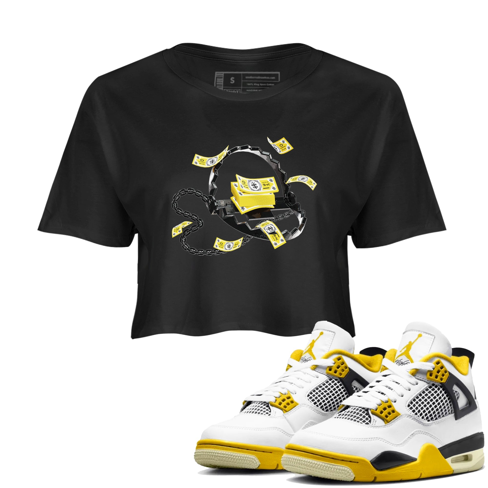 AJ4 Vivid Sulfur shirt to match jordans Trap Money sneaker tees Air Jordan 4 Vivid Sulfur Drip Gear Zone Black 1 crop length shirt