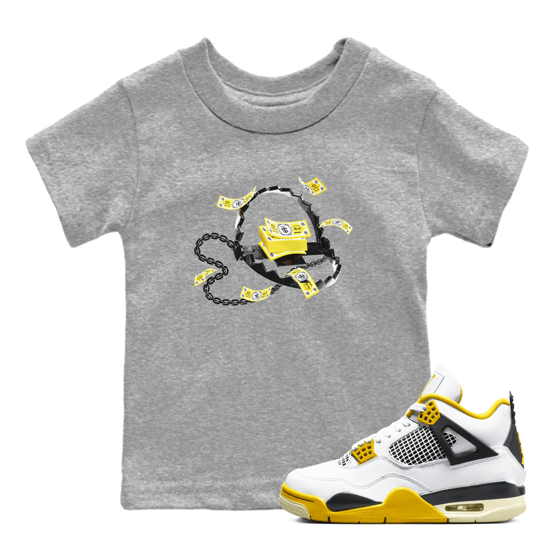 AJ4 Vivid Sulfur shirt to match jordans Trap Money sneaker tees Air Jordan 4 Vivid Sulfur Drip Gear Zone baby toddler Heather Grey 1 cotton Shirt