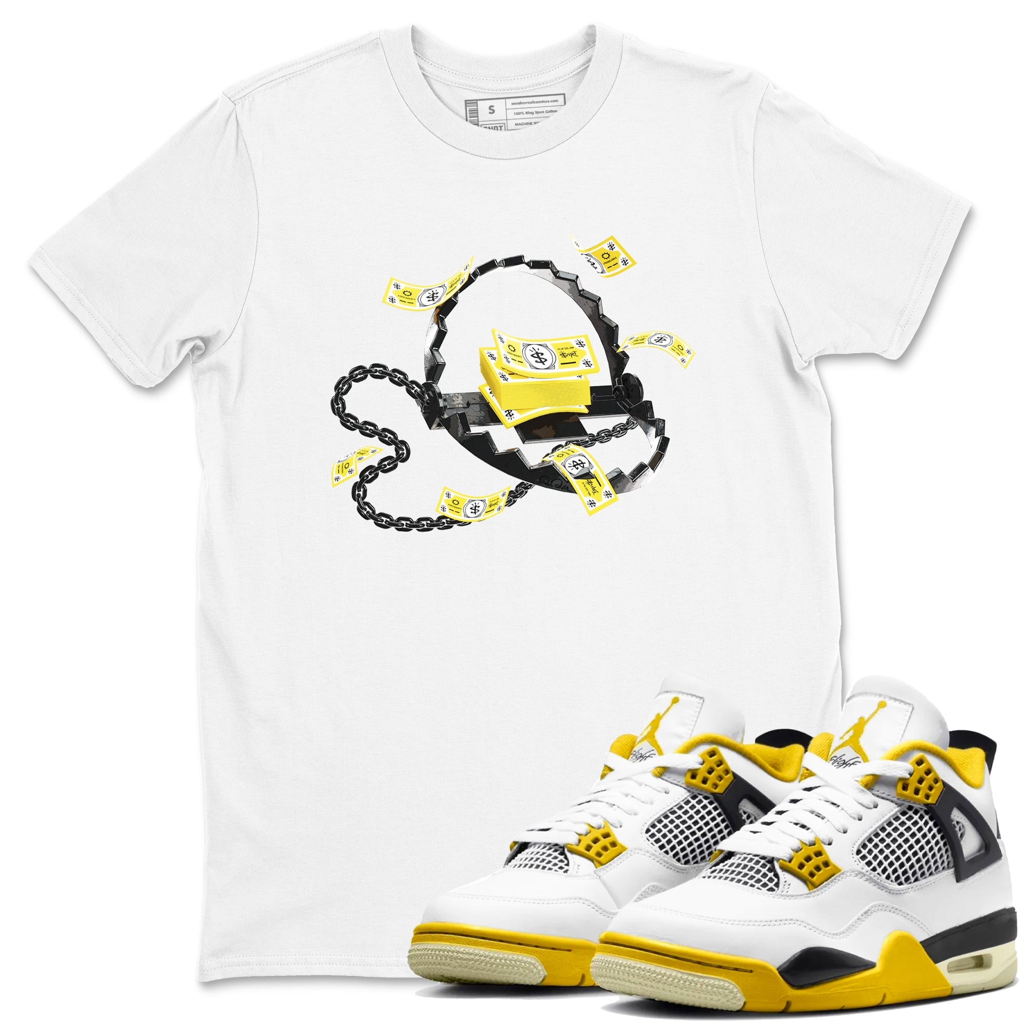 AJ4 Vivid Sulfur shirt to match jordans Trap Money sneaker tees Air Jordan 4 Vivid Sulfur Drip Gear Zone unisex cotton White 1 crew neck shirt