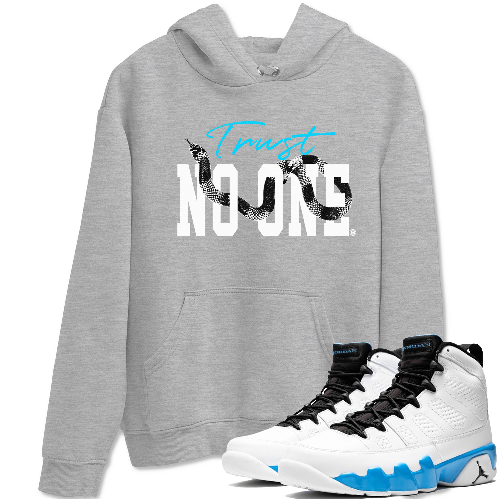 9s Powder Blue shirt to match jordans Trust No One sneaker tees Air Jordan 9 Powder Blue Drip Gear Zone unisex cotton Heather Grey 1 crew neck shirt