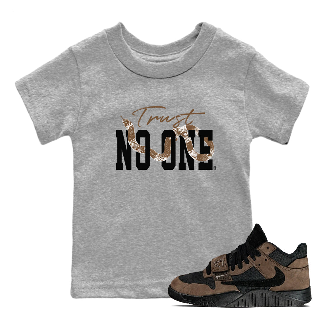 Jordan Jumpman Jack Travis Scott Dark Mocha shirts to match jordans Trust No One sneaker match tees Jordan Jumpman Jack Travis Scott Dark Mocha Drip Gear Zone Youth Baby Heather Grey 1 crew neck shirts