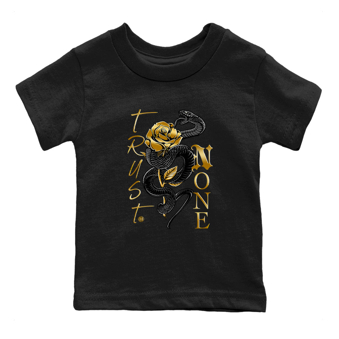 Air Jordan 1 High OG Black Metallic Gold shirts to match jordans Trust None sneaker match tees Jordan 1 Black Metallic Gold Drip Gear Zone streetwear brand Baby and Youth Black 2 cotton tee