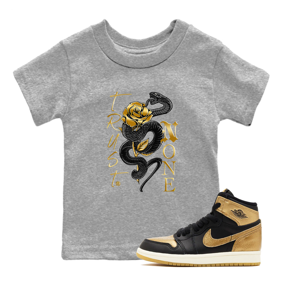 Air Jordan 1 High OG Black Metallic Gold shirts to match jordans Trust None sneaker match tees Jordan 1 Black Metallic Gold Drip Gear Zone streetwear brand Baby and Youth Heather Grey 1 cotton tee