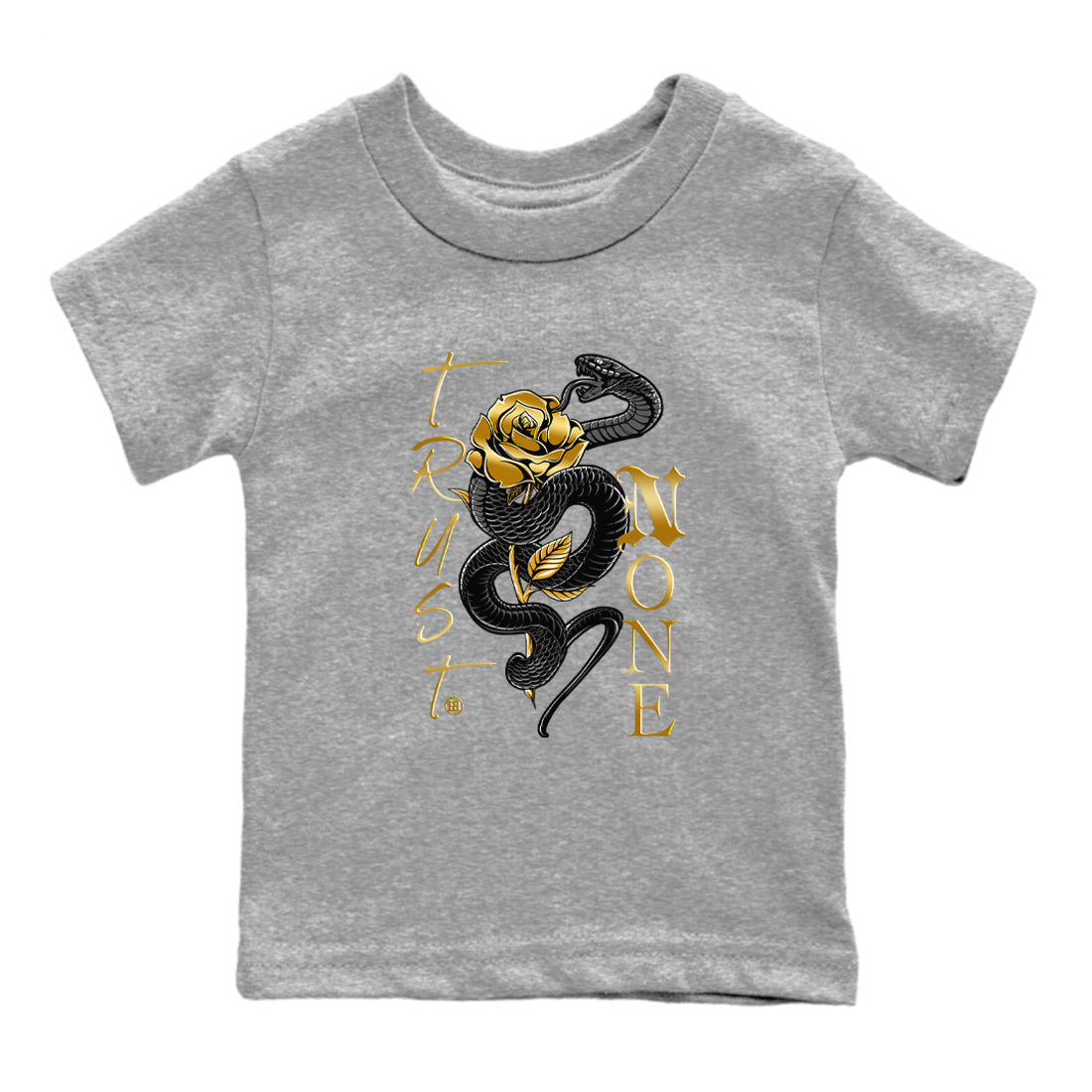 Air Jordan 1 High OG Black Metallic Gold shirts to match jordans Trust None sneaker match tees Jordan 1 Black Metallic Gold Drip Gear Zone streetwear brand Baby and Youth Heather Grey 2 cotton tee