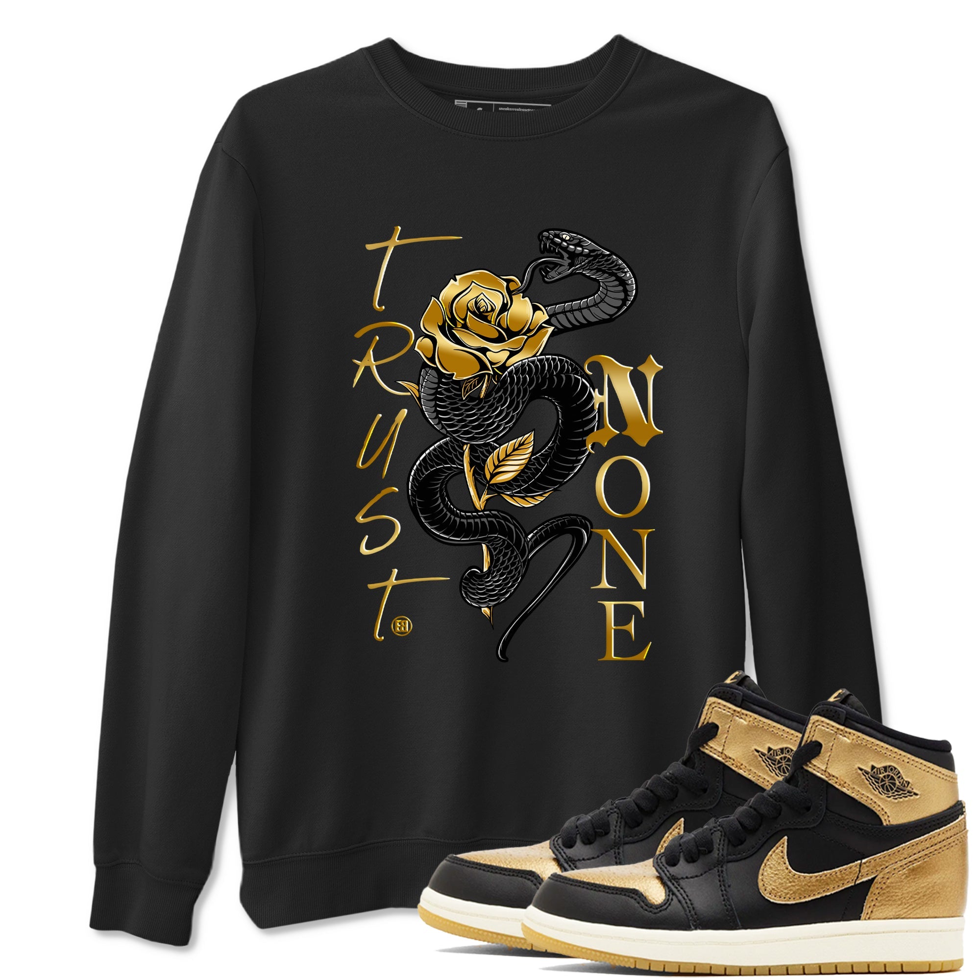 Air Jordan 1 High OG Black Metallic Gold shirts to match jordans Trust None sneaker match tees Jordan 1 Black Metallic Gold Drip Gear Zone streetwear brand Black 1 unisex cotton tee
