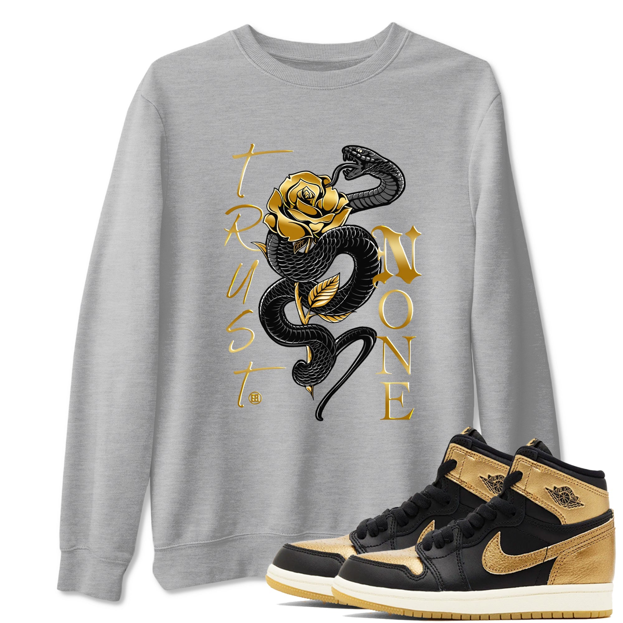 Air Jordan 1 High OG Black Metallic Gold shirts to match jordans Trust None sneaker match tees Jordan 1 Black Metallic Gold Drip Gear Zone streetwear brand Heather Grey 1 unisex cotton tee