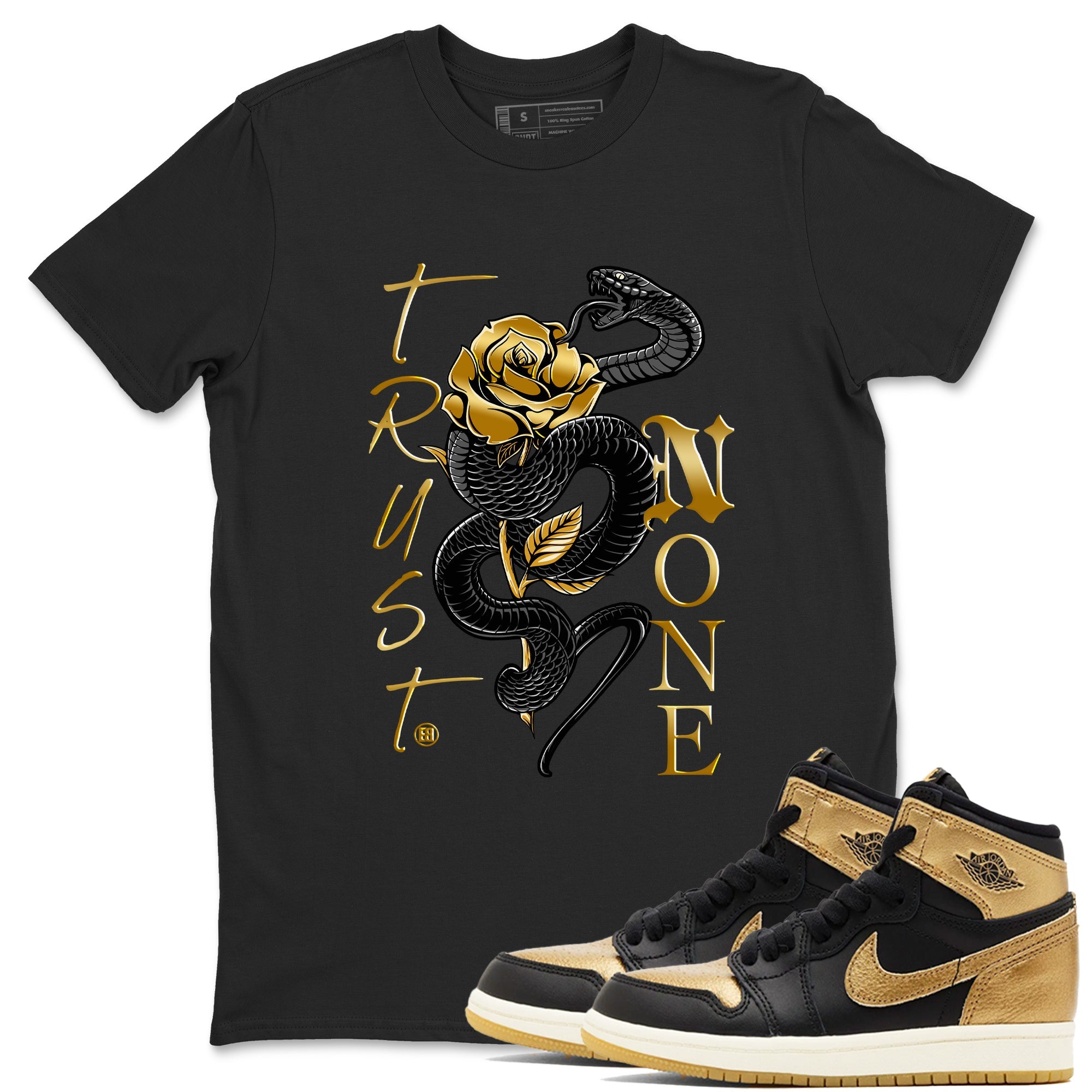 Air Jordan 1 High OG Black Metallic Gold shirts to match jordans Trust None sneaker match tees Jordan 1 Black Metallic Gold Drip Gear Zone streetwear brand Black 1 unisex cotton tee