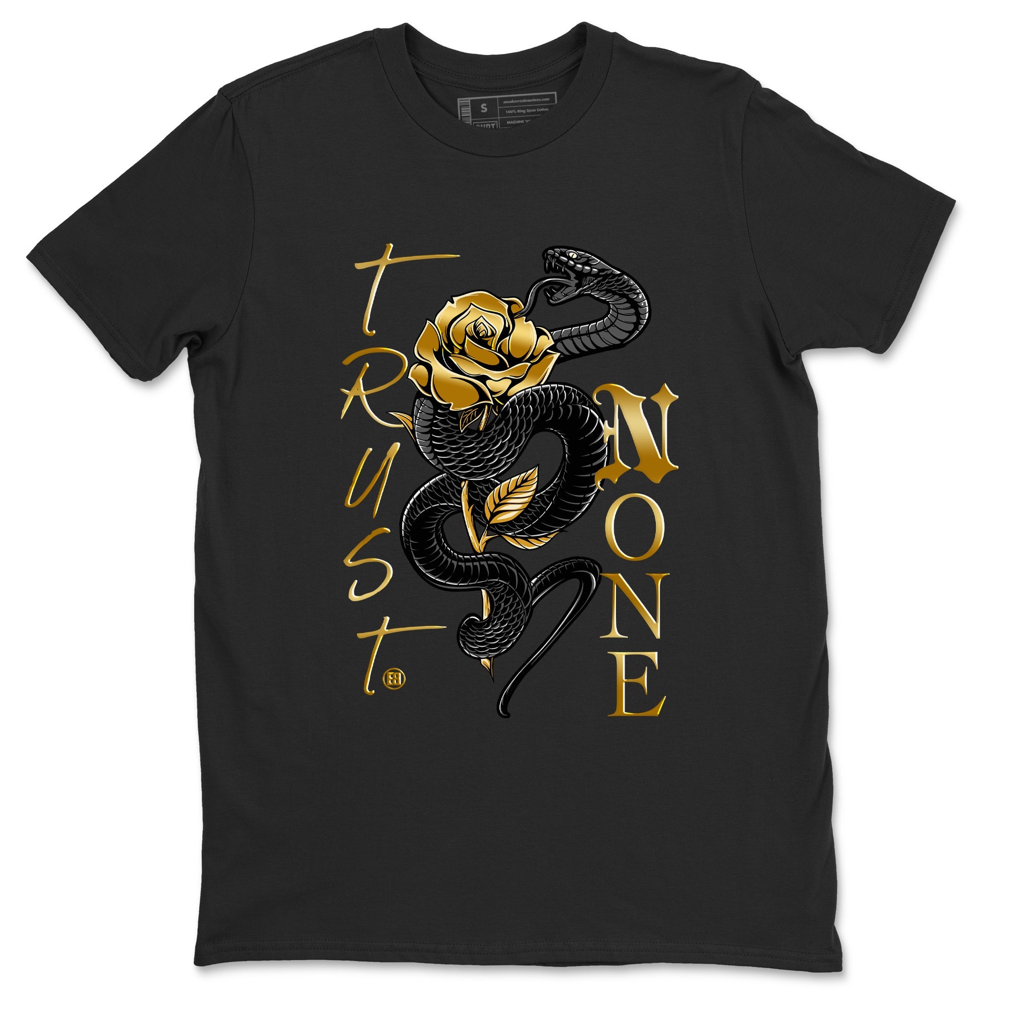 Air Jordan 1 High OG Black Metallic Gold shirts to match jordans Trust None sneaker match tees Jordan 1 Black Metallic Gold Drip Gear Zone streetwear brand Black 2 unisex cotton tee