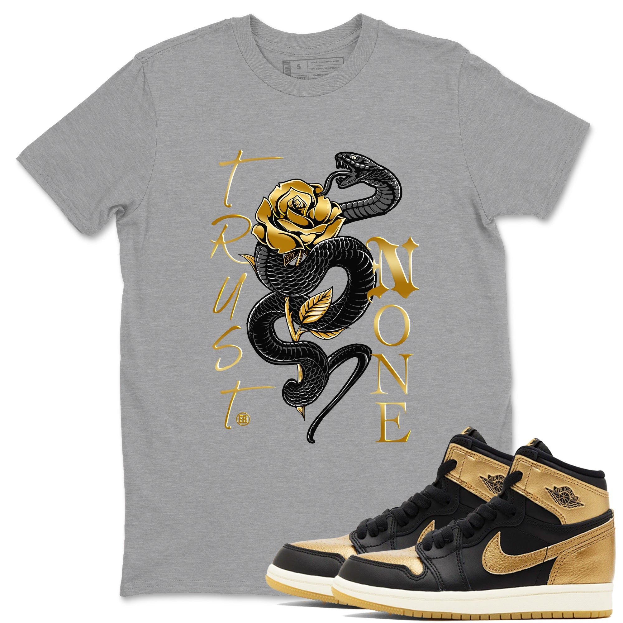 Air Jordan 1 High OG Black Metallic Gold shirts to match jordans Trust None sneaker match tees Jordan 1 Black Metallic Gold Drip Gear Zone streetwear brand Heather Grey 1 unisex cotton tee