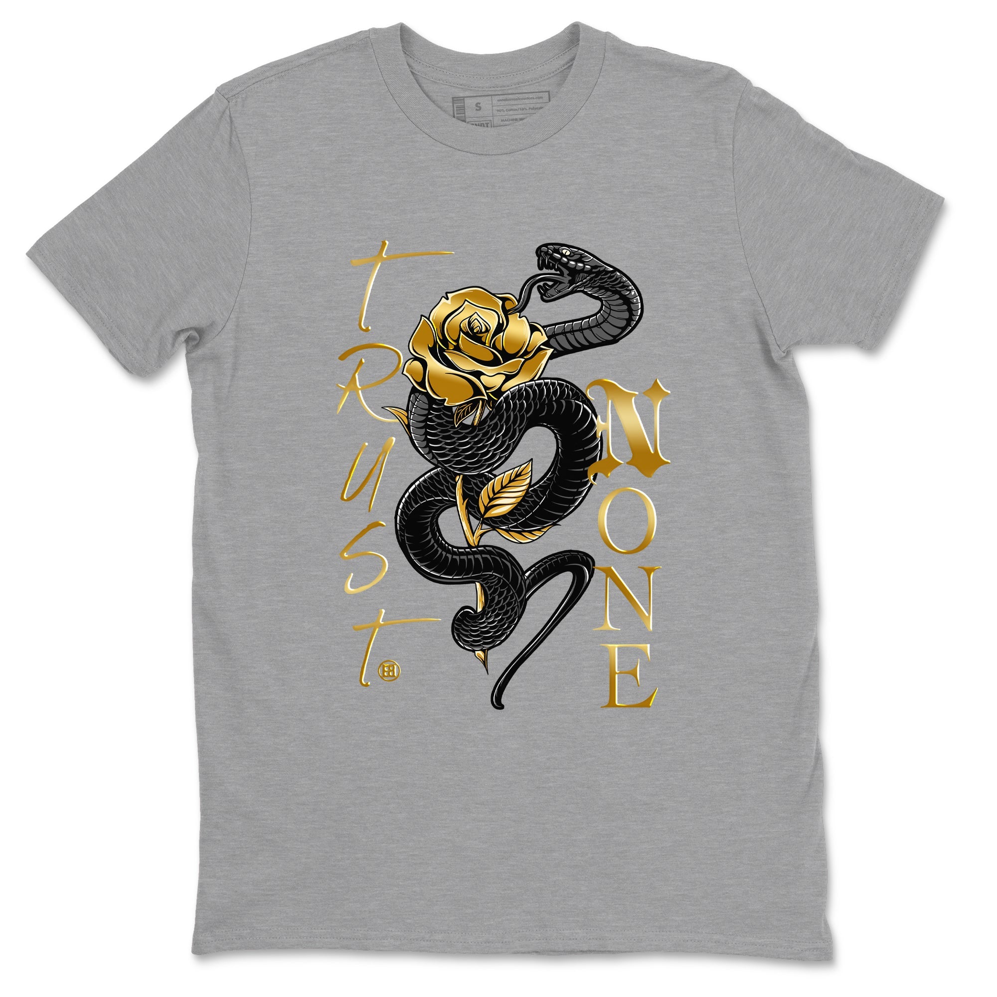 Air Jordan 1 High OG Black Metallic Gold shirts to match jordans Trust None sneaker match tees Jordan 1 Black Metallic Gold Drip Gear Zone streetwear brand Heather Grey 2 unisex cotton tee