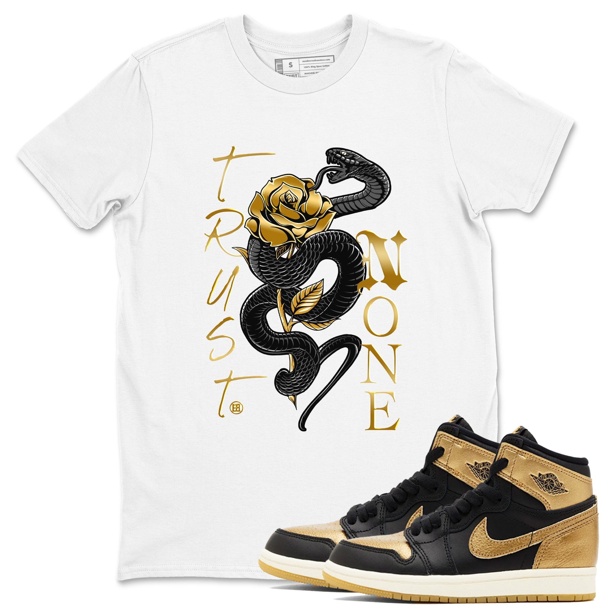 Air Jordan 1 High OG Black Metallic Gold shirts to match jordans Trust None sneaker match tees Jordan 1 Black Metallic Gold Drip Gear Zone streetwear brand White 1 unisex cotton tee