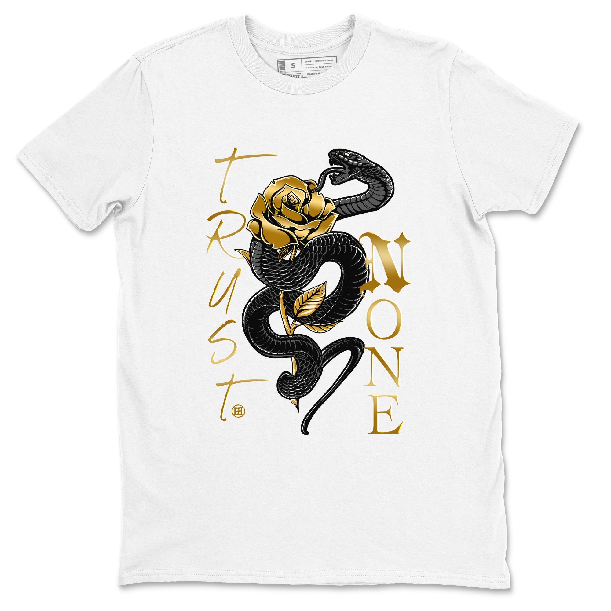 Air Jordan 1 High OG Black Metallic Gold shirts to match jordans Trust None sneaker match tees Jordan 1 Black Metallic Gold Drip Gear Zone streetwear brand White 2 unisex cotton tee