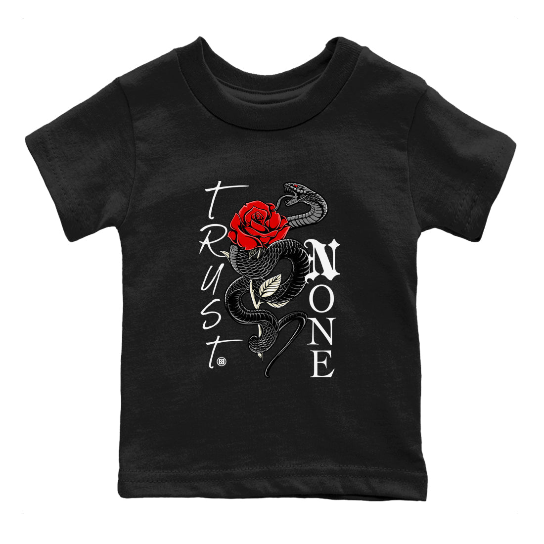 1s Black Toe Reimagined shirts to match jordans Trust None sneaker match tees Air Jordan 1 Black Toe Reimagined Drip Gear Zone streetwear brand Baby and Youth Black 2 cotton tee