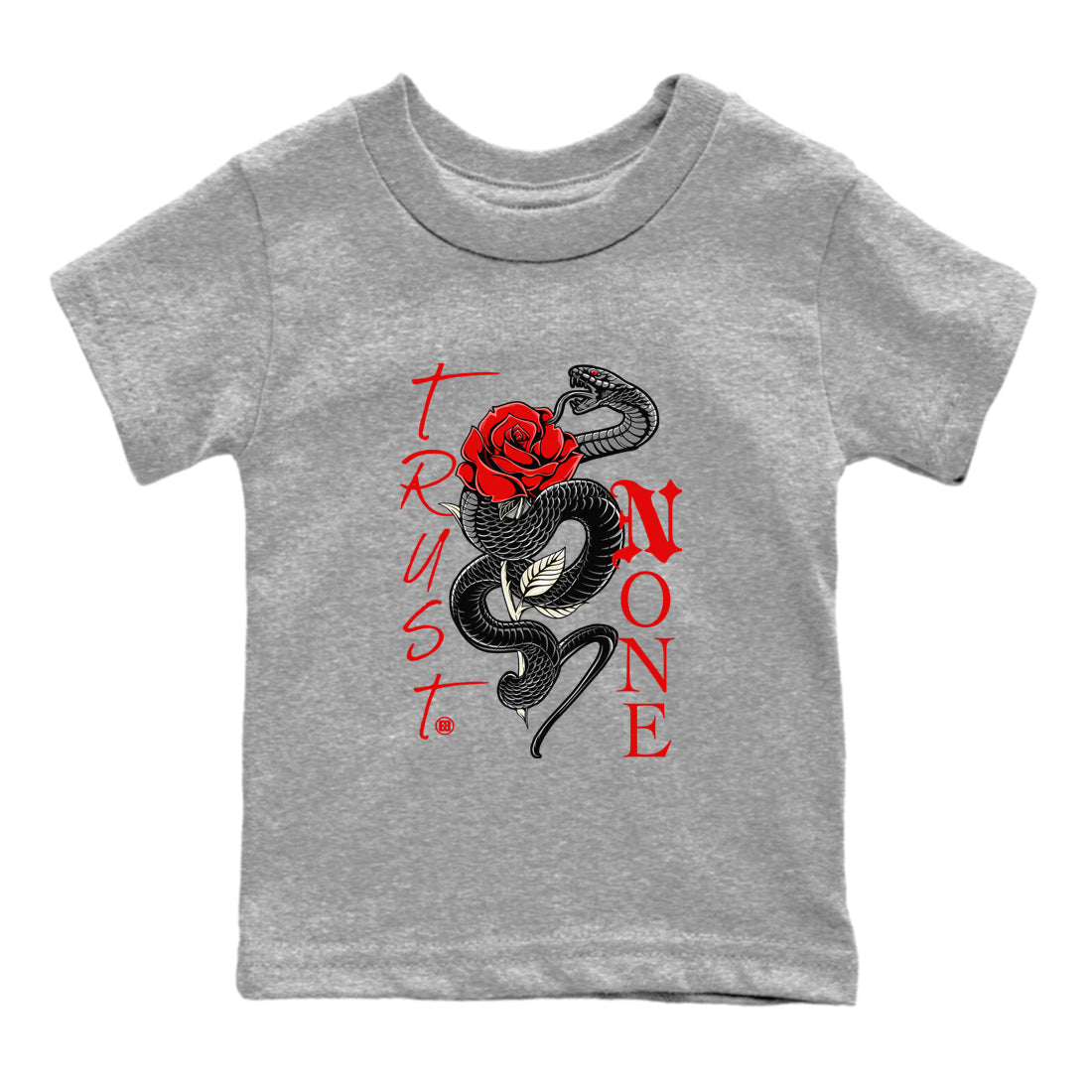 1s Black Toe Reimagined shirts to match jordans Trust None sneaker match tees Air Jordan 1 Black Toe Reimagined Drip Gear Zone streetwear brand Baby and Youth Heather Grey 2 cotton tee