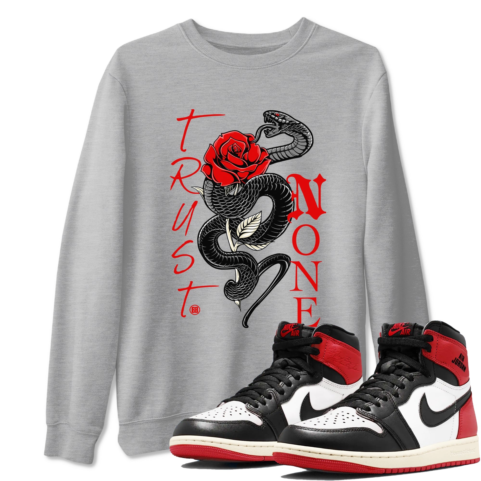 1s Black Toe Reimagined shirts to match jordans Trust None sneaker match tees Air Jordan 1 Black Toe Reimagined Drip Gear Zone streetwear brand Heather Grey 1 unisex cotton tee